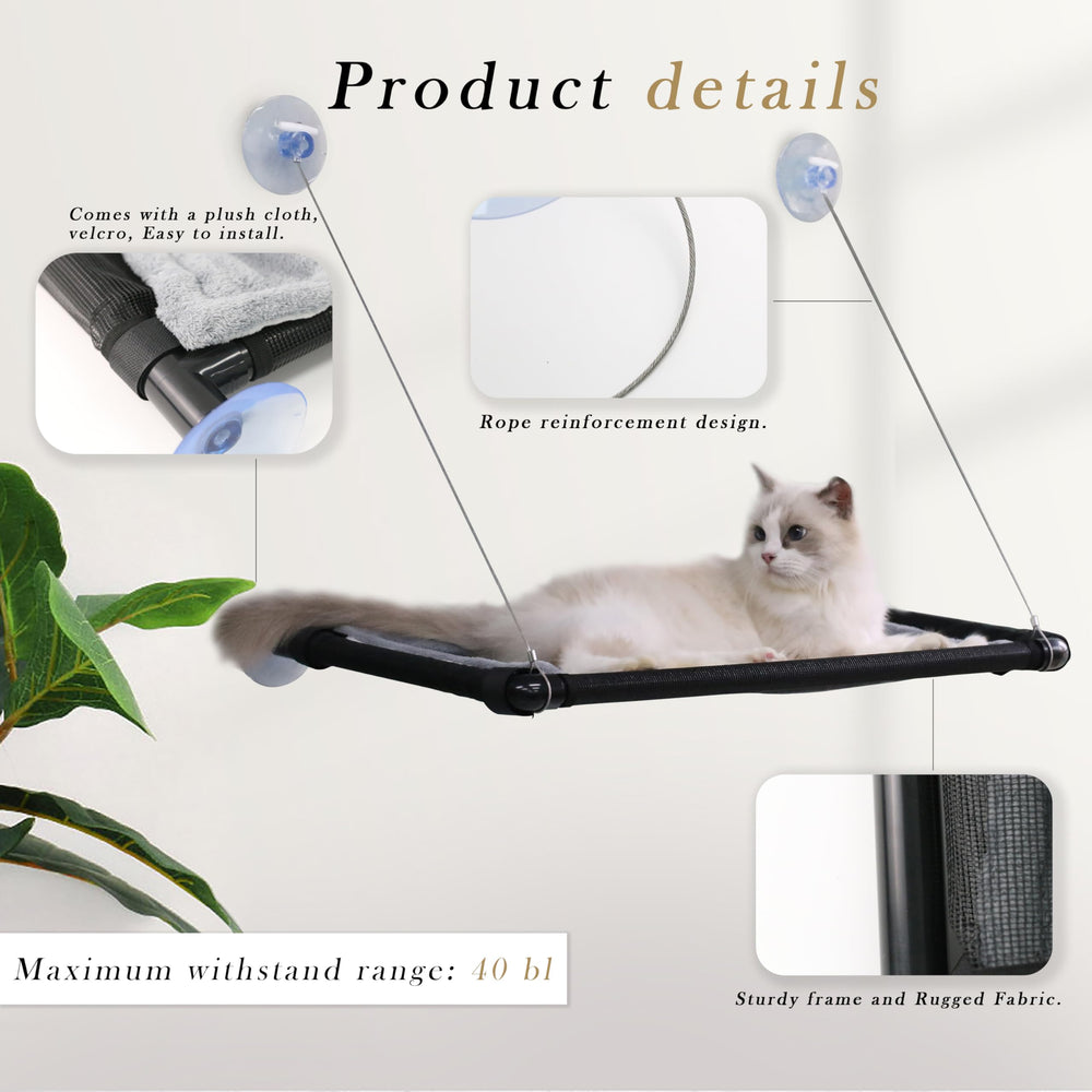 YILAG cat hammock installation step showing tool-free window mounting.