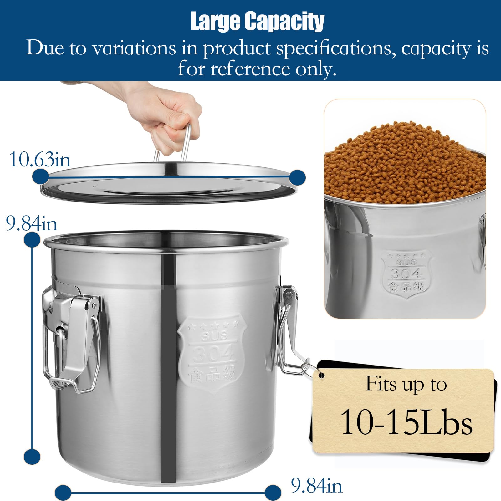 YinCukiEle welded handle view for easy lifting and pouring of dry foods.