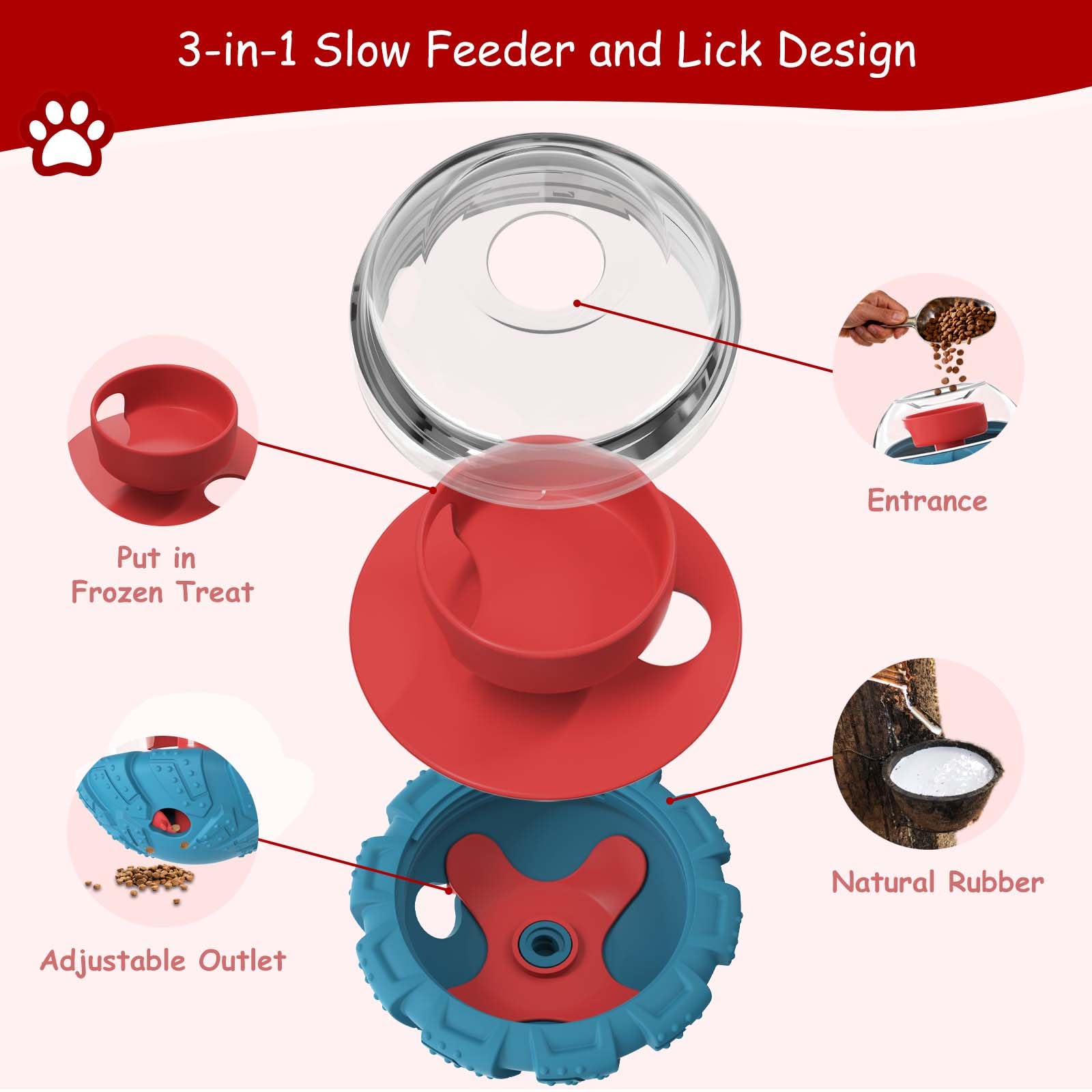 YINEYA dog toy adjustable treat-dispensing opening for slower feeding.
