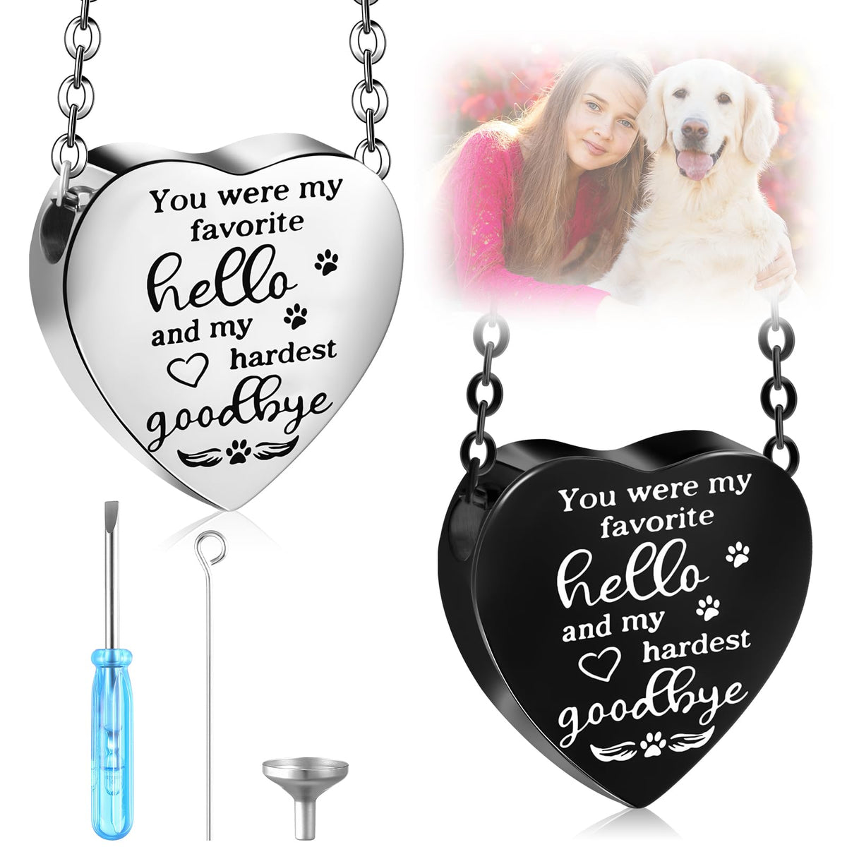 Yinkin pet urn necklace silver paw heart pendant closeup, secure memorial keepsake