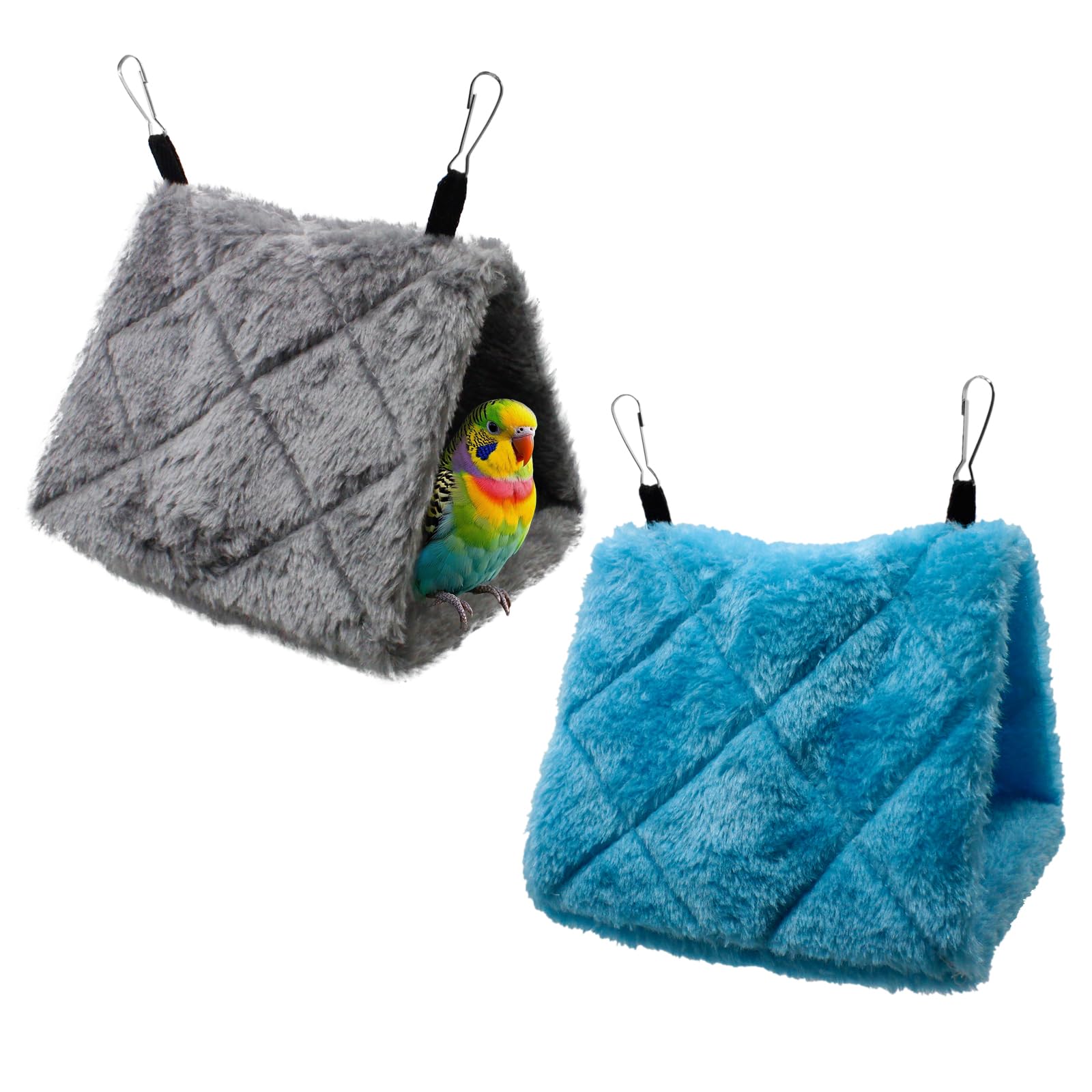Yinprwi warm bird nest blue front view with double hooks for easy placement in cages.