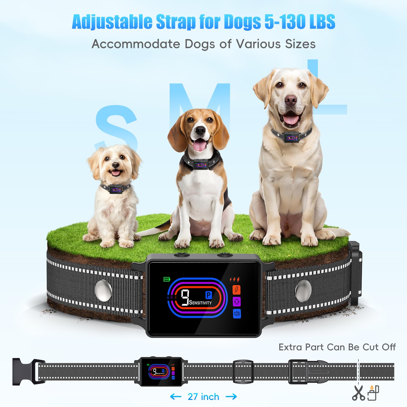 Yipilu bark collar neck-fit image shows 8–27 inch range for dogs