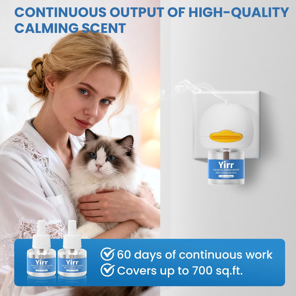 Yirr Cat Calming Diffuser coverage up to 700 square feet, ideal for multi-cat areas.