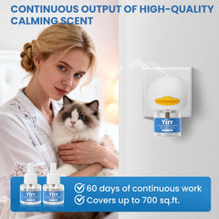 Yirr Cat Calming Diffuser coverage up to 700 square feet, ideal for multi-cat areas.
