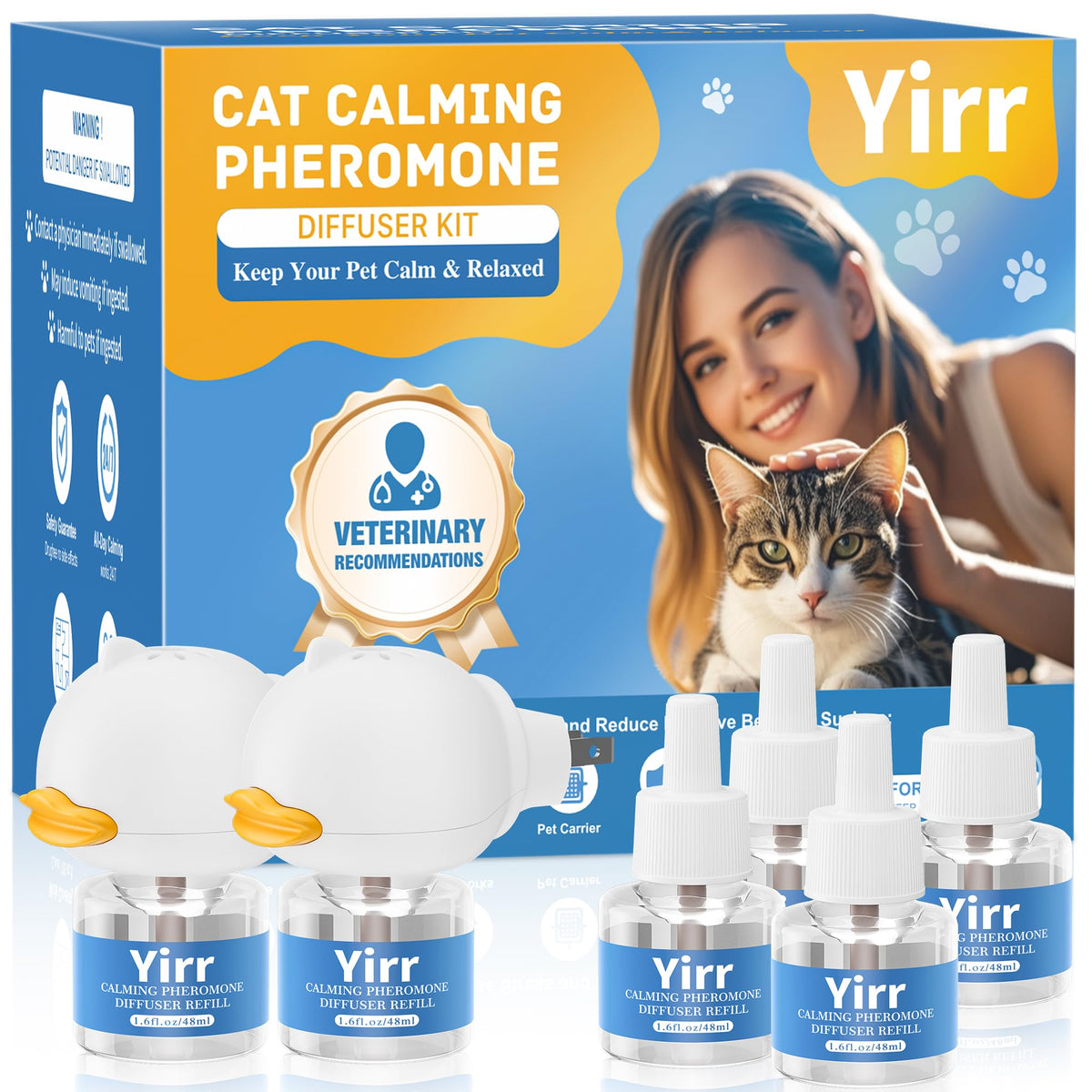 Yirr cat calming diffuser package with two diffusers and four refills for calmer cats.