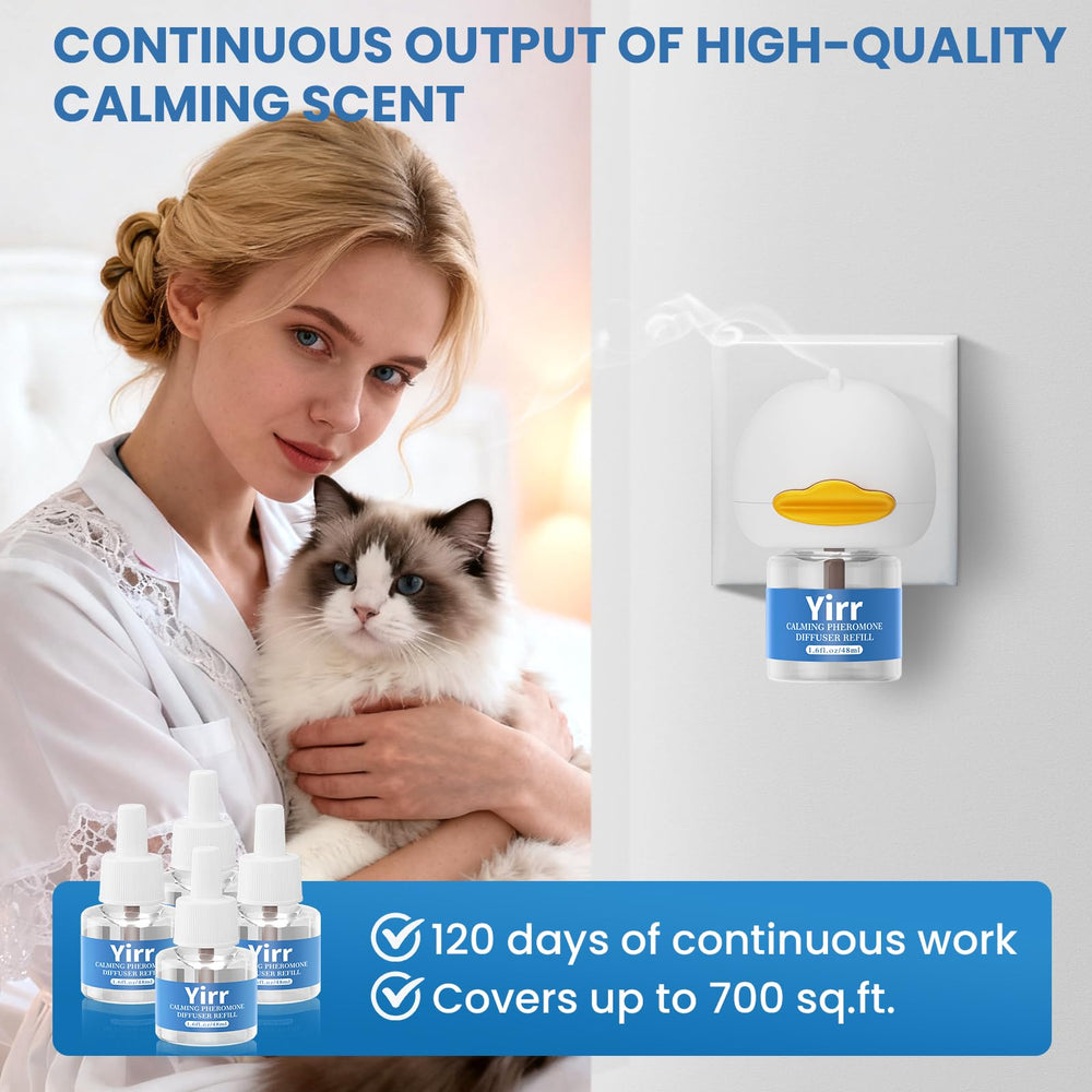 Yirr cat calming diffuser placed in living room for pet-friendly ambience.