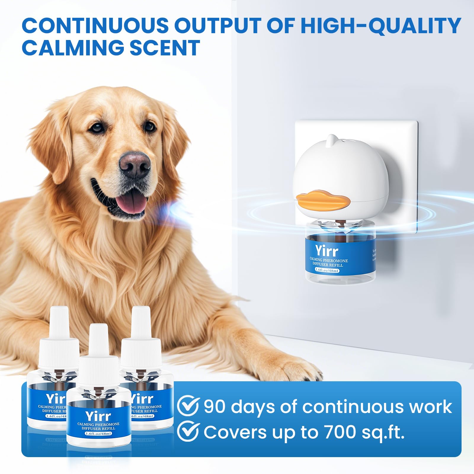 Yirr dog calming diffuser refill 48ml ensures continuous pheromone release.