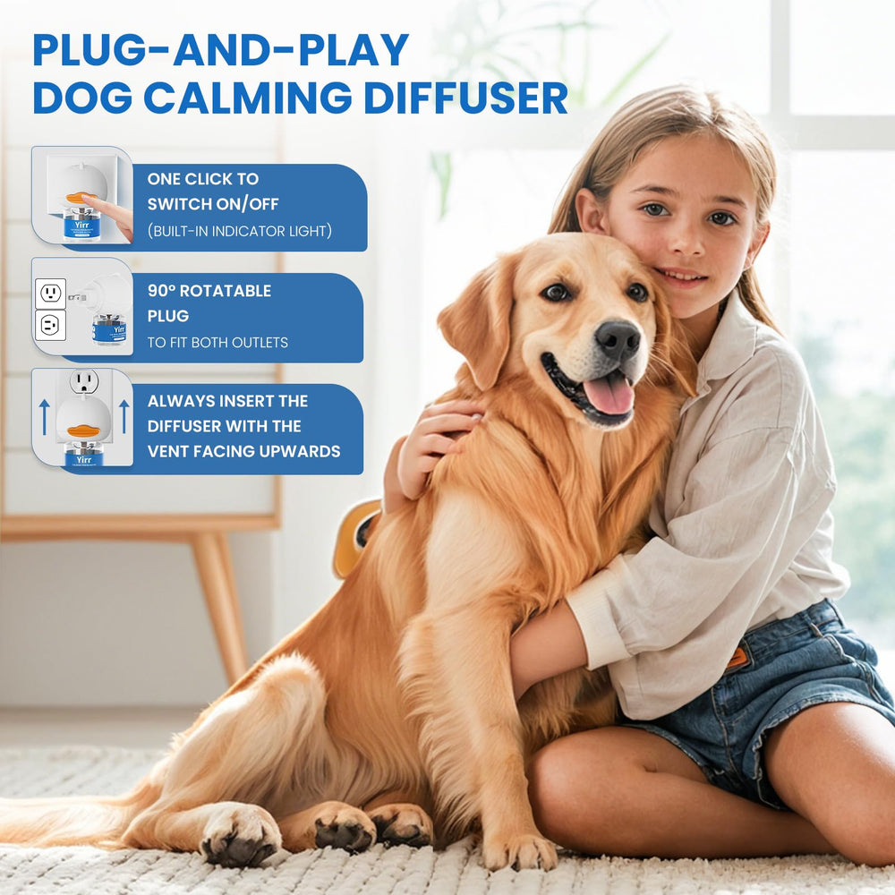 Yirr dog calming diffuser room scene demonstrates wide coverage for multi-dog homes