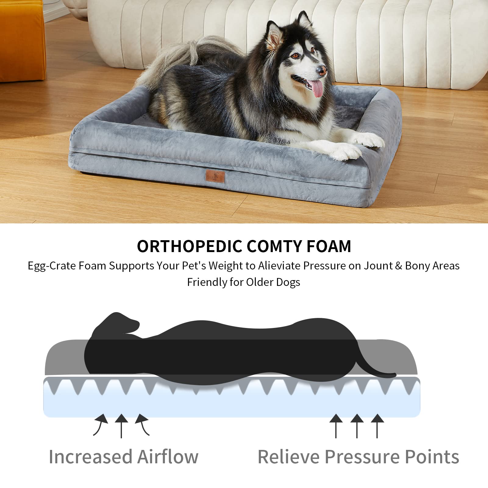 Yiruka Extra Large dog bed bolster closeup highlighting memory foam contouring support.