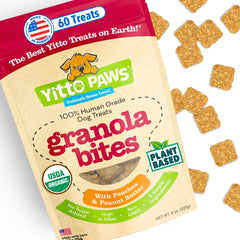 Yitto Paws organic dog treats bag front shows premium ingredients for training rewards.