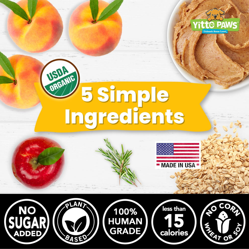 Yitto Paws peach-ingredient closeup highlights organic peaches in the recipe for healthy snacking.