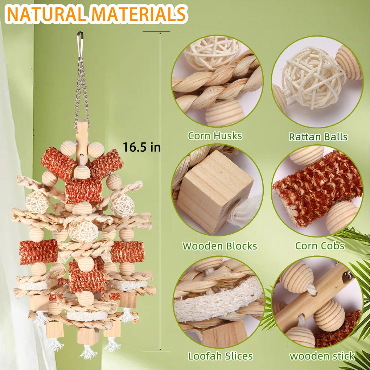 YIXUND bird toy parrot chewing action shot implies extended entertainment and stimulation.