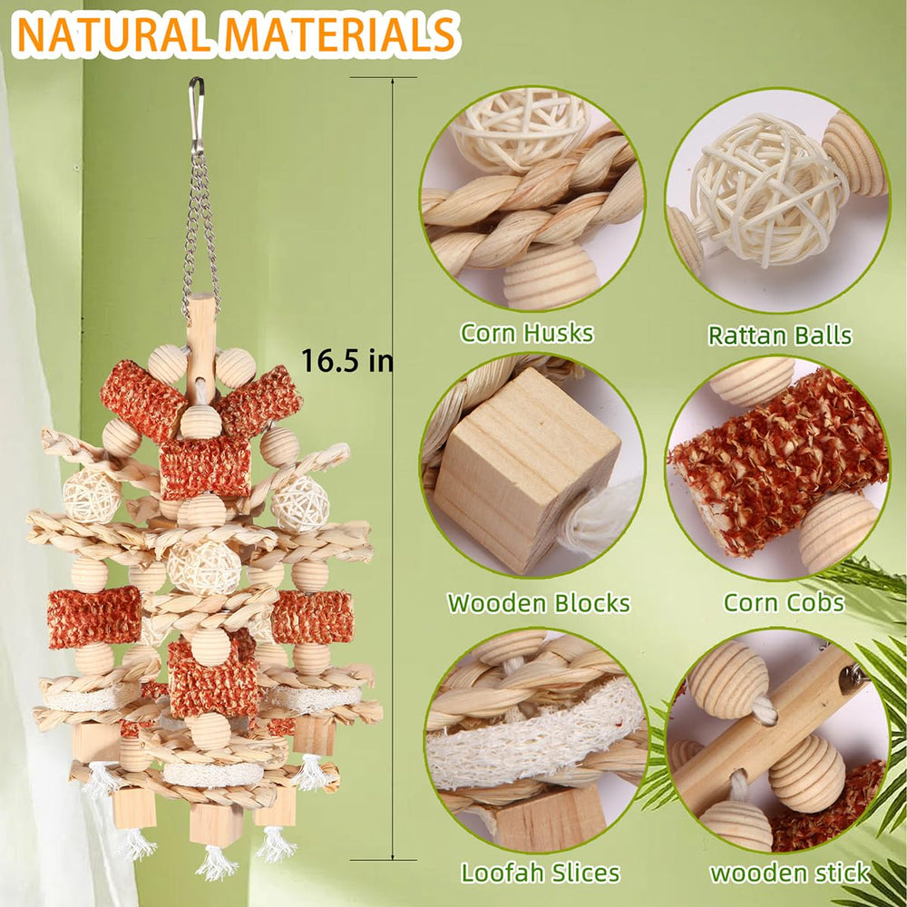 YIXUND bird toy parrot chewing action shot implies extended entertainment and stimulation.