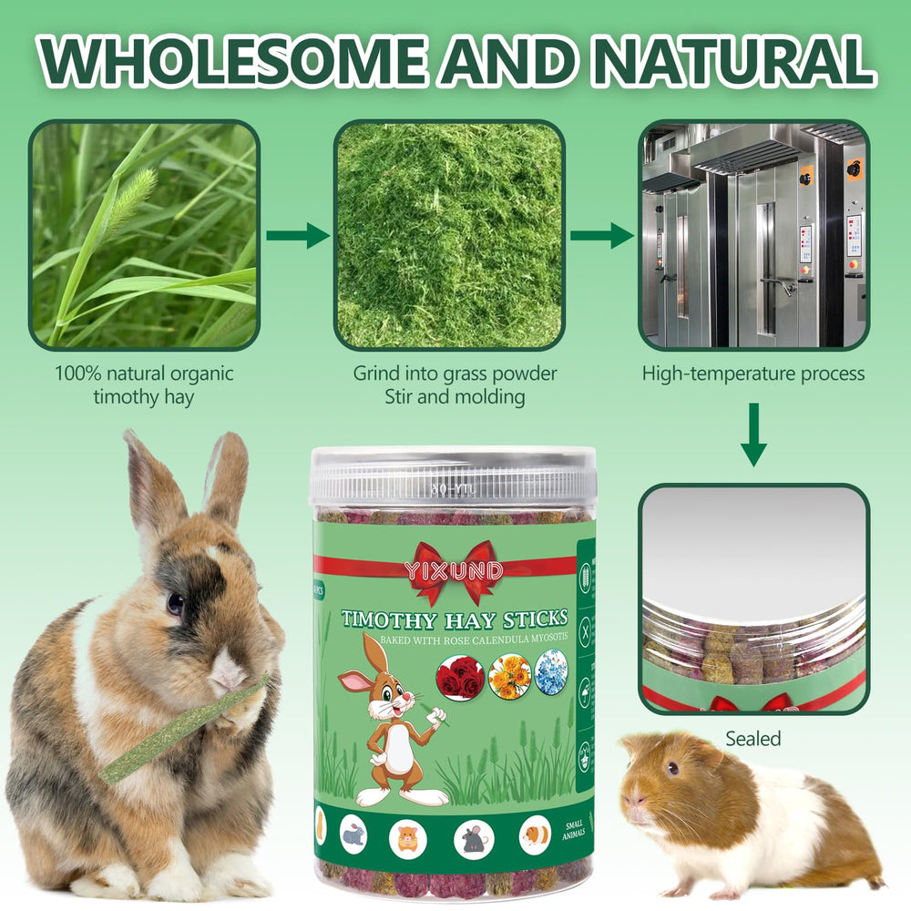 YIXUND natural-flowers image highlights edible botanicals blended with Timothy hay for fiber-rich snacking