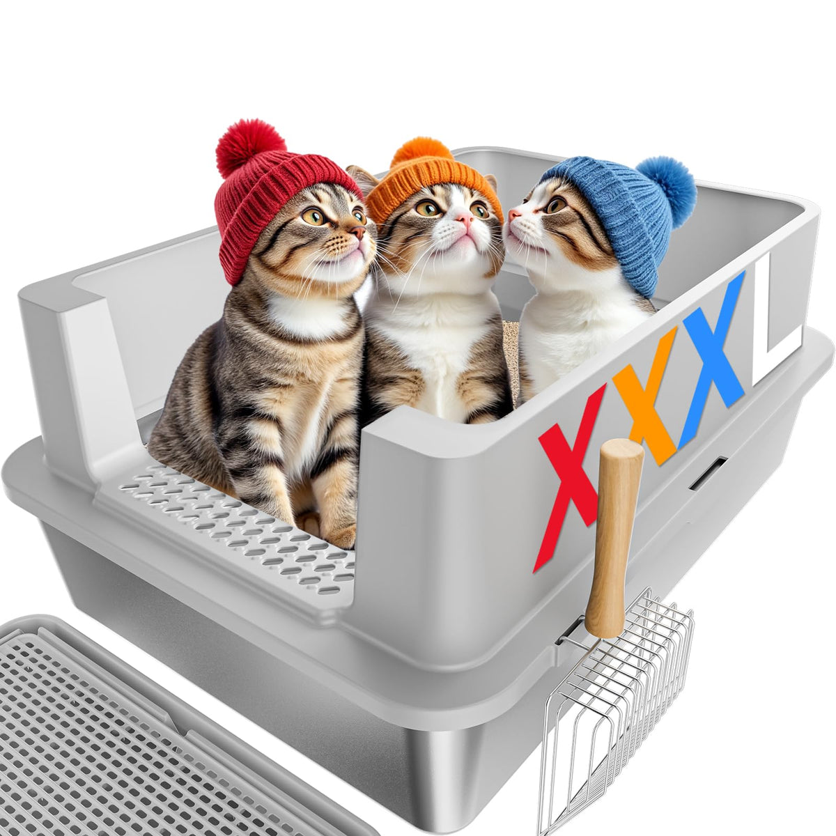 YIZFERN stainless steel litter box shows 28-inch footprint for multi-cat homes.