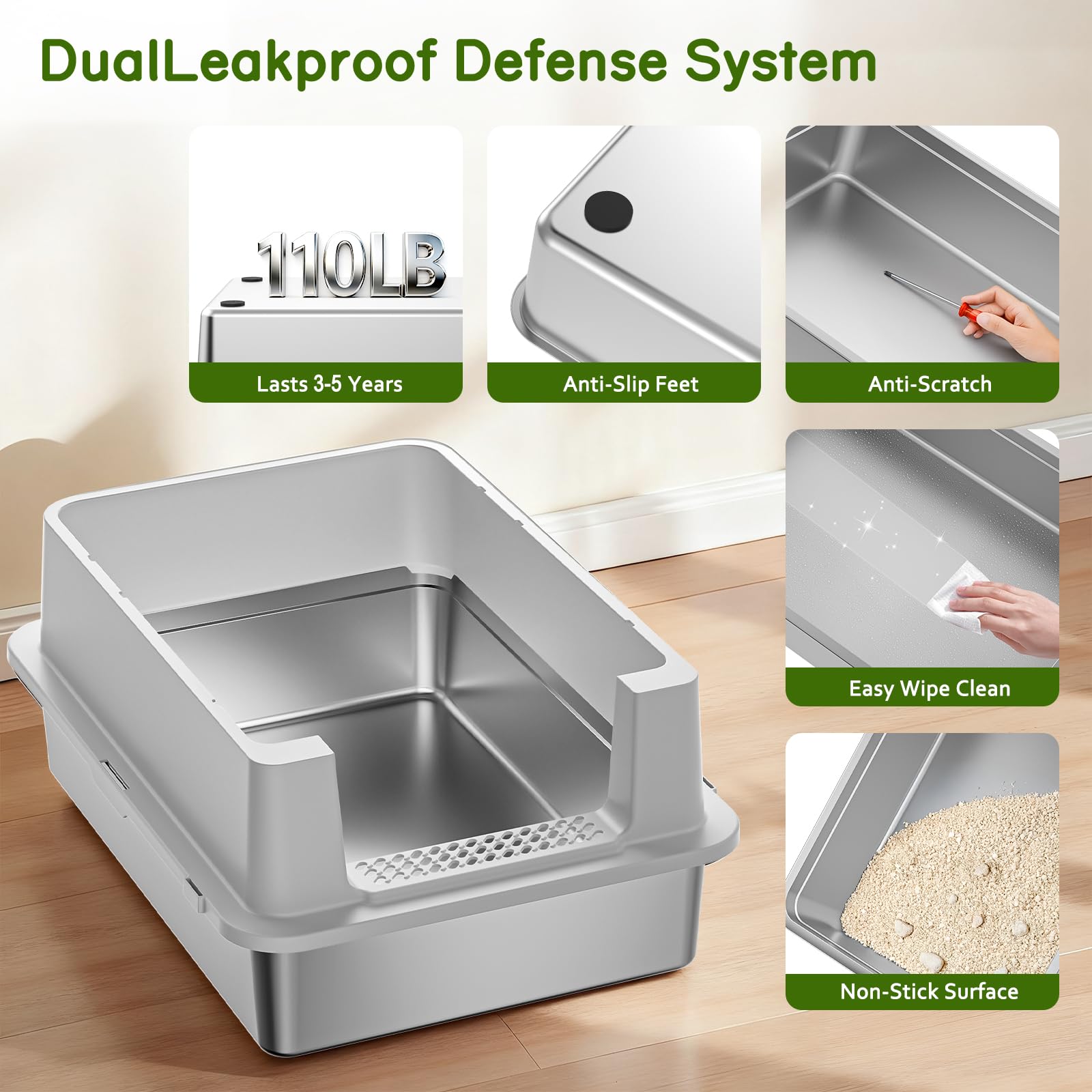 YIZFERN stainless steel litter box includes heavy-duty scoop for convenience.