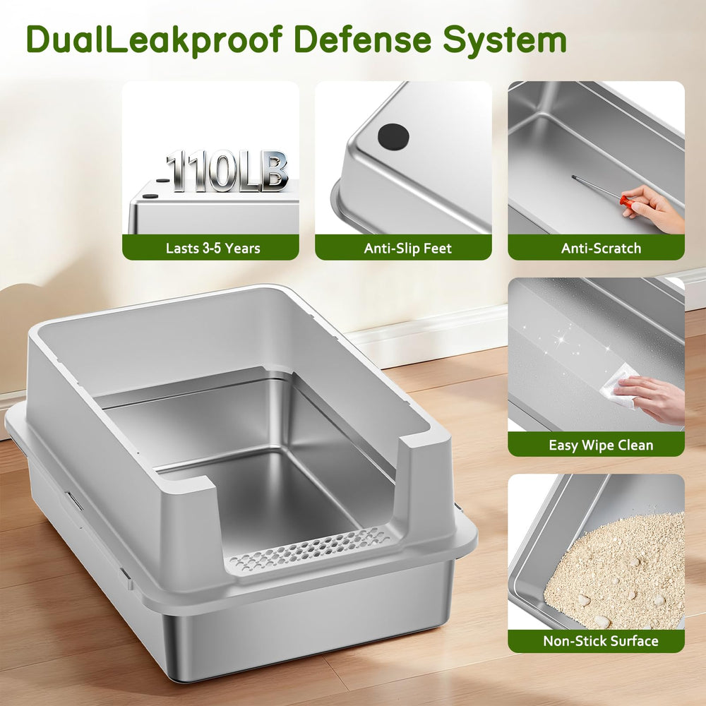 YIZFERN stainless steel litter box includes heavy-duty scoop for convenience.