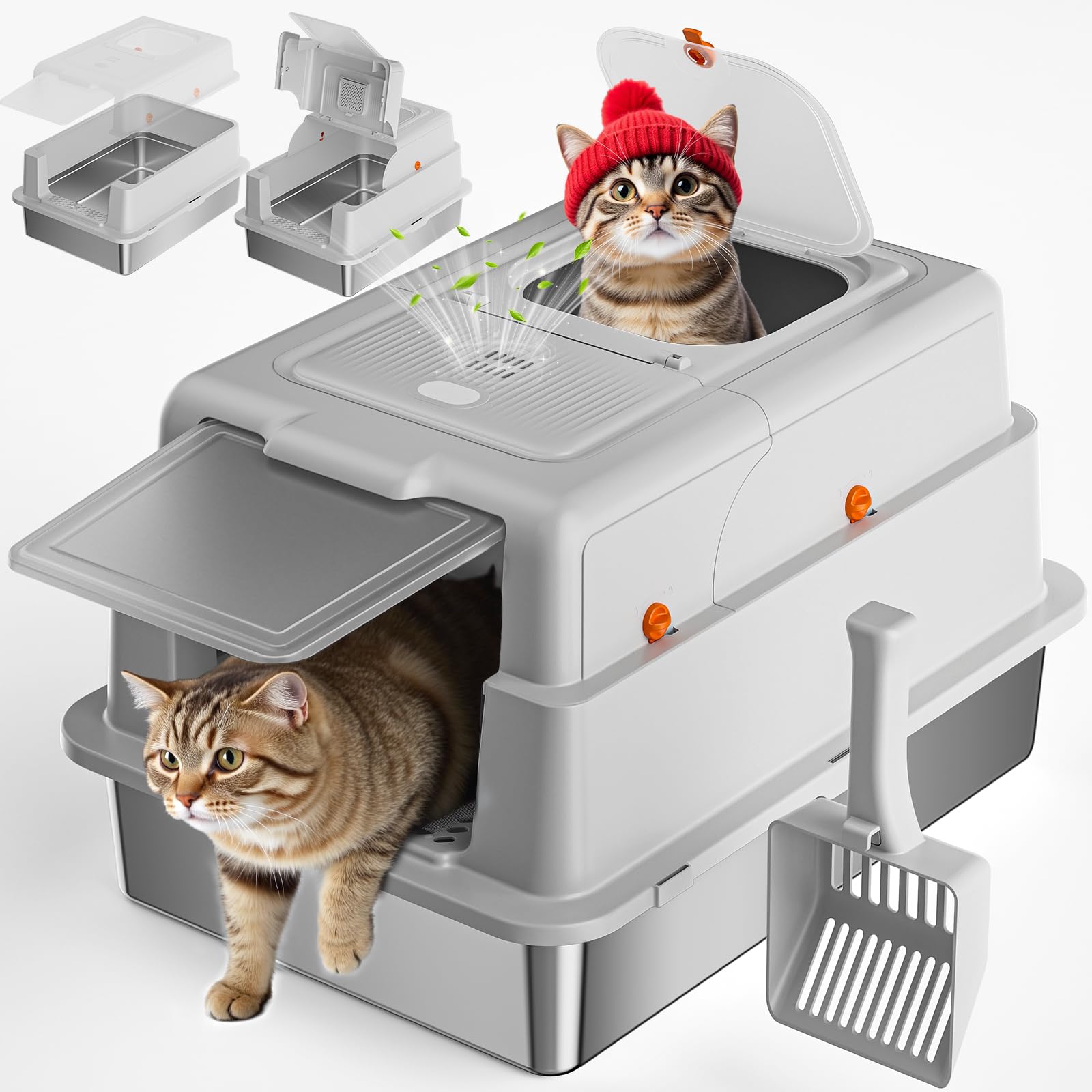YIZFERN stainless steel litter box with lid keeps odors contained for a cleaner home.