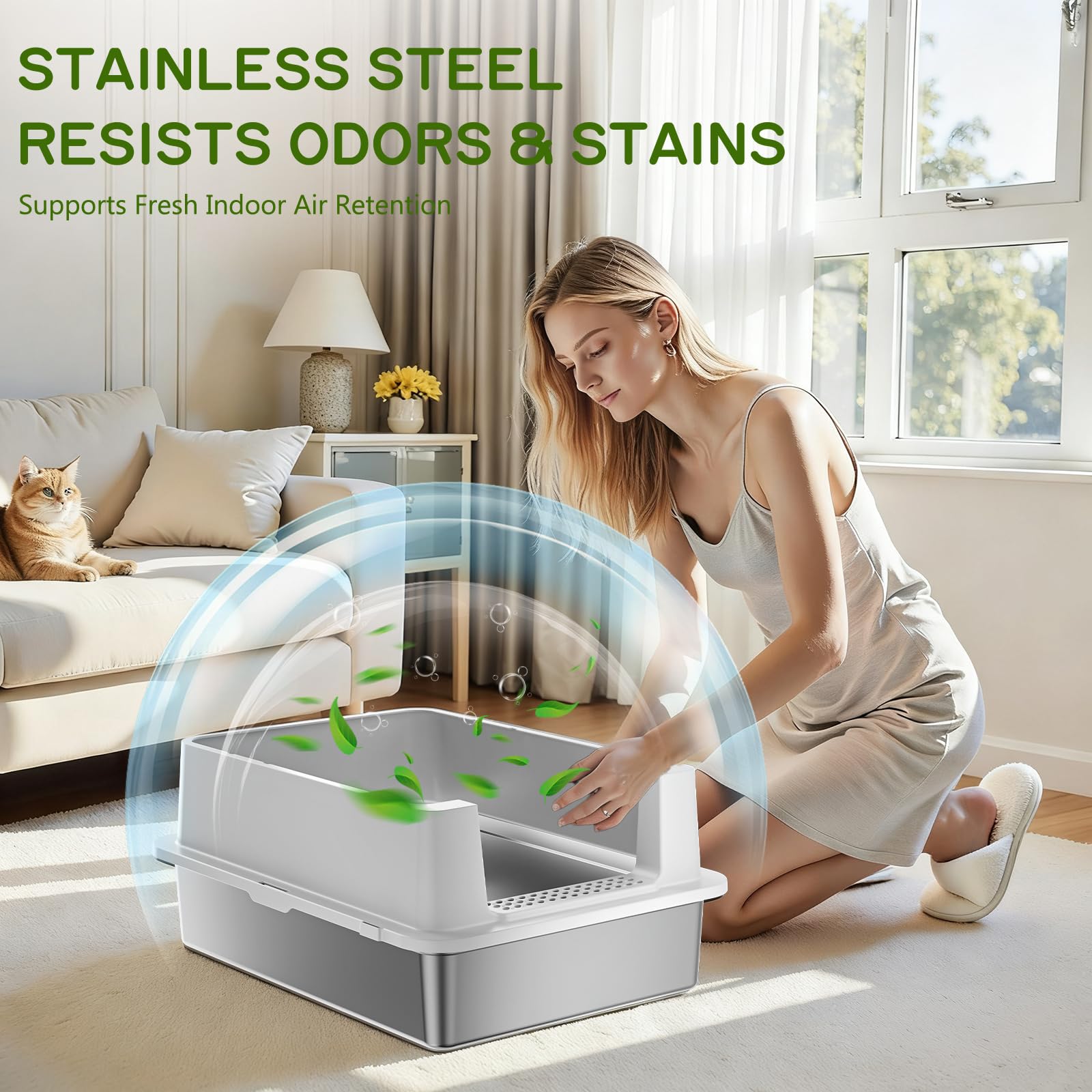 YIZFERN stainless steel litter box odor-control helps keep rooms fresh.
