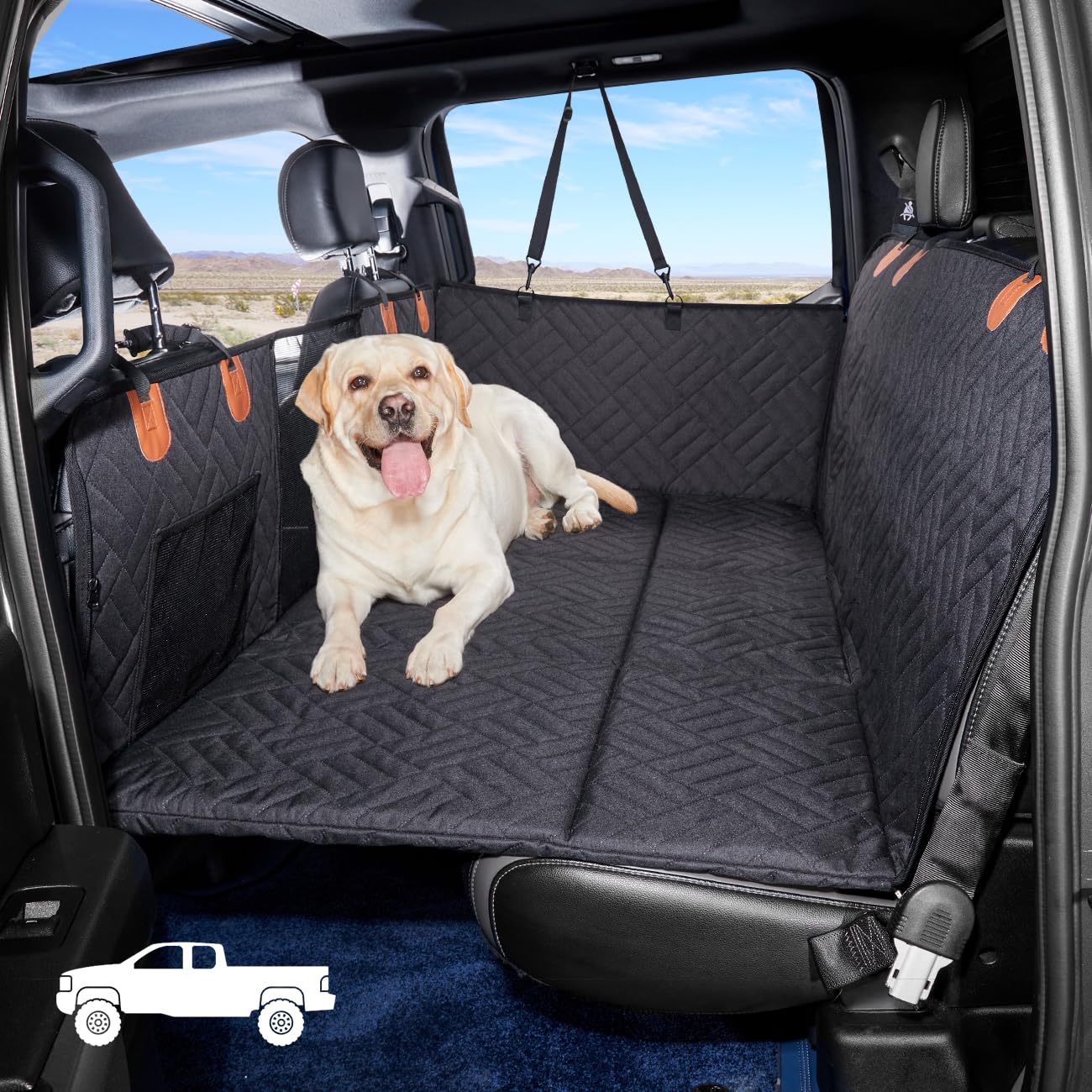 YJGF dog back seat extender enhances safety and space on long truck rides.