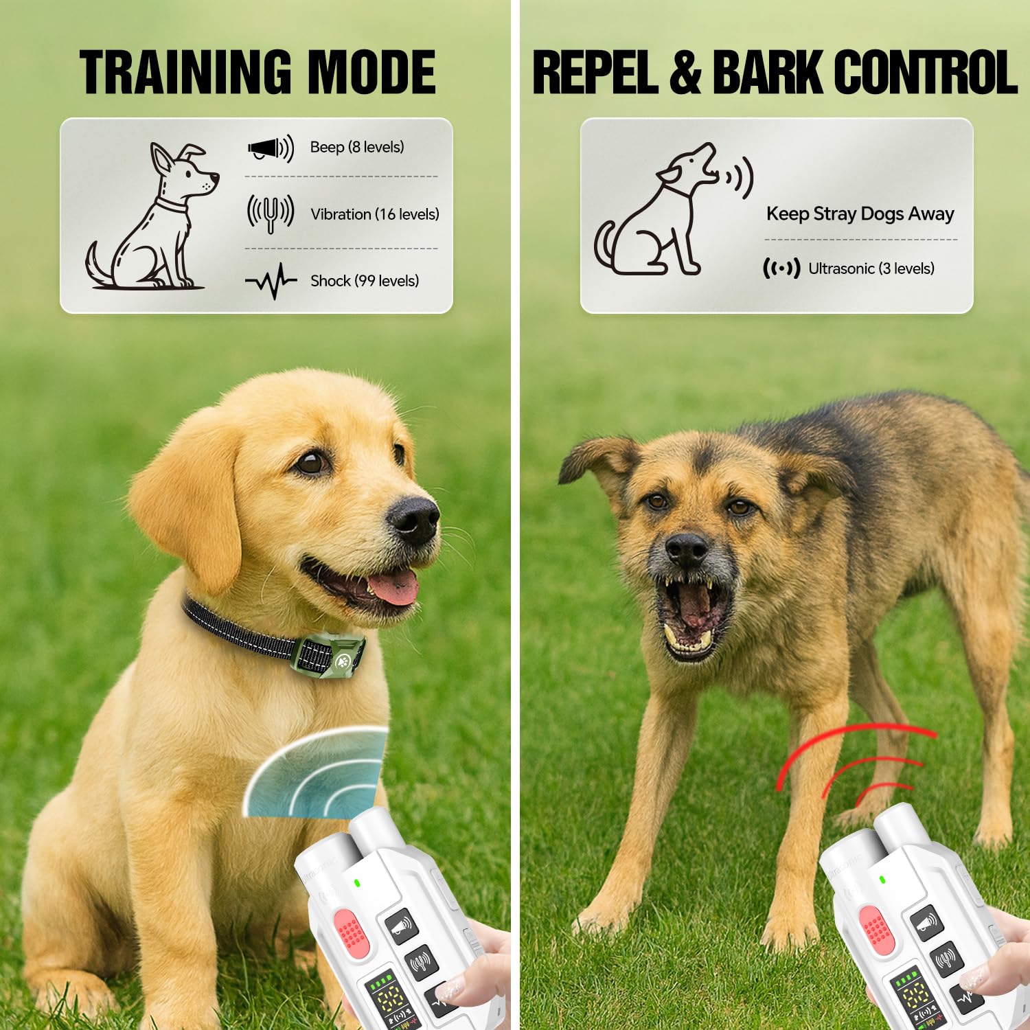 YJWFHPU dog collar ultrasonic mode offers short-range cues indoors.