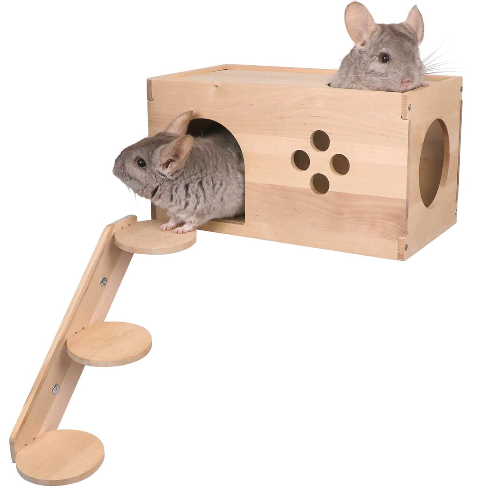 The YKD chinchilla house front view shows a natural hideout for safe play.