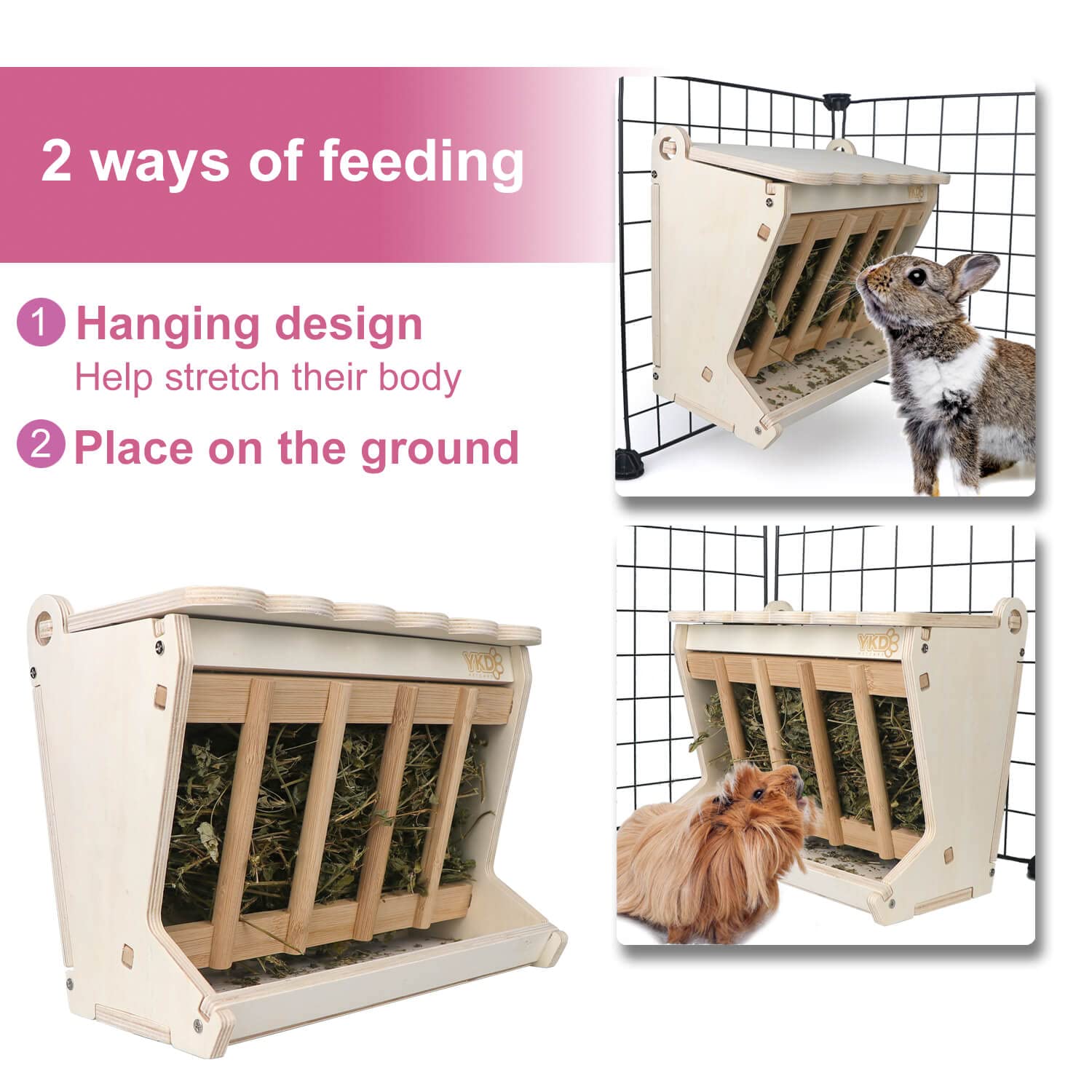 YKD hanging hay dispenser demonstrates easy access for rabbits, guinea pigs, and chinchillas.