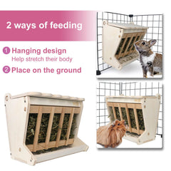 YKD hanging hay dispenser demonstrates easy access for rabbits, guinea pigs, and chinchillas.