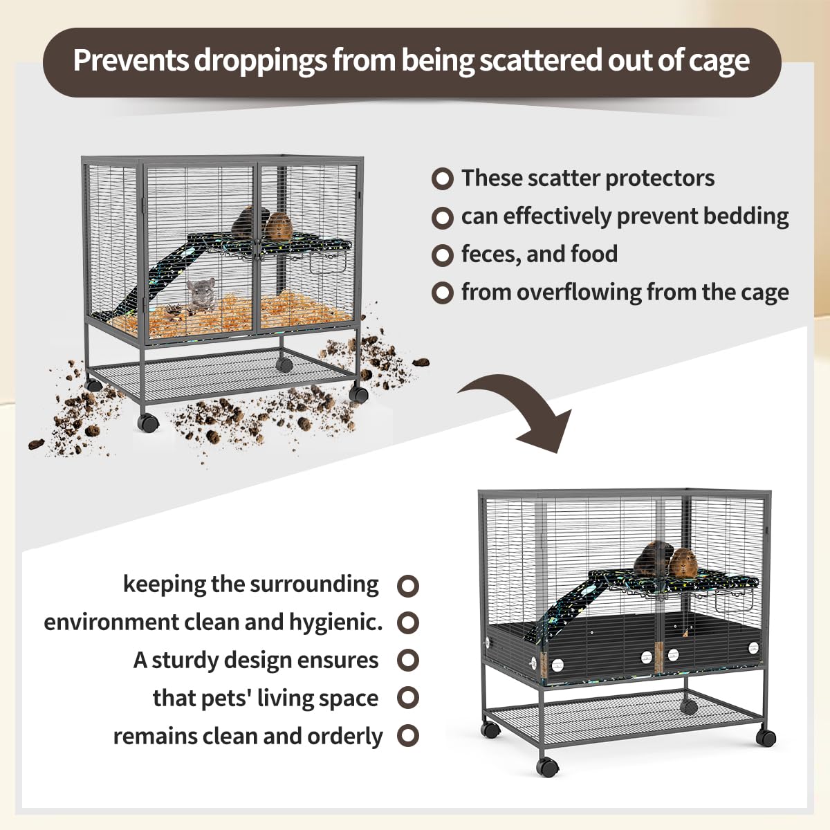 YKD scatter guard on cage; easy-to-attach design for tidy enclosure