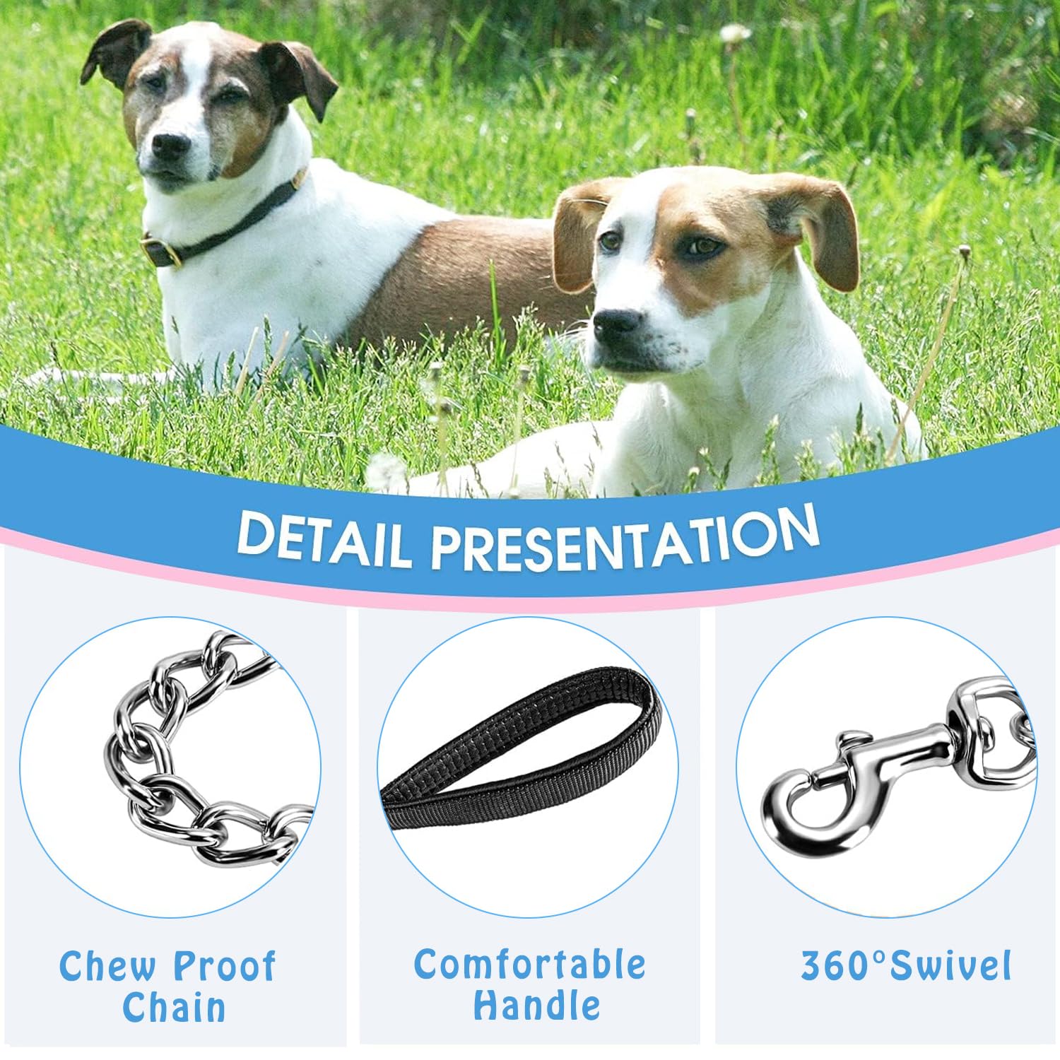 YKISIL chew-proof chain leash closeup shows durable links and secure welding for long-lasting use