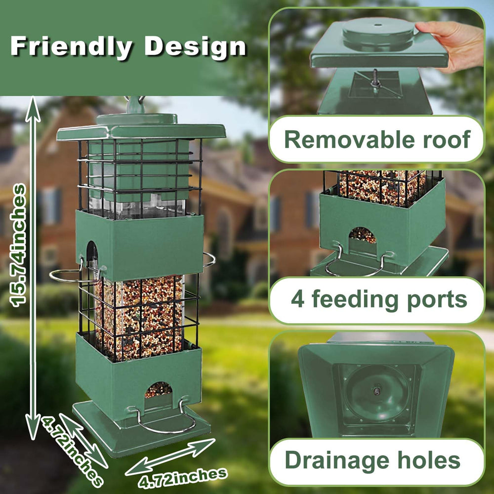 YLTIMER Bird Feeder top cover emphasizes weatherproof, secure enclosure for seeds.