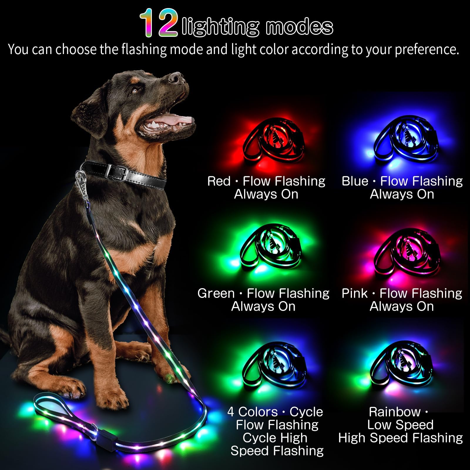 Yoheueoa LED dog leash with 12 light modes demonstrates color selection for visibility.