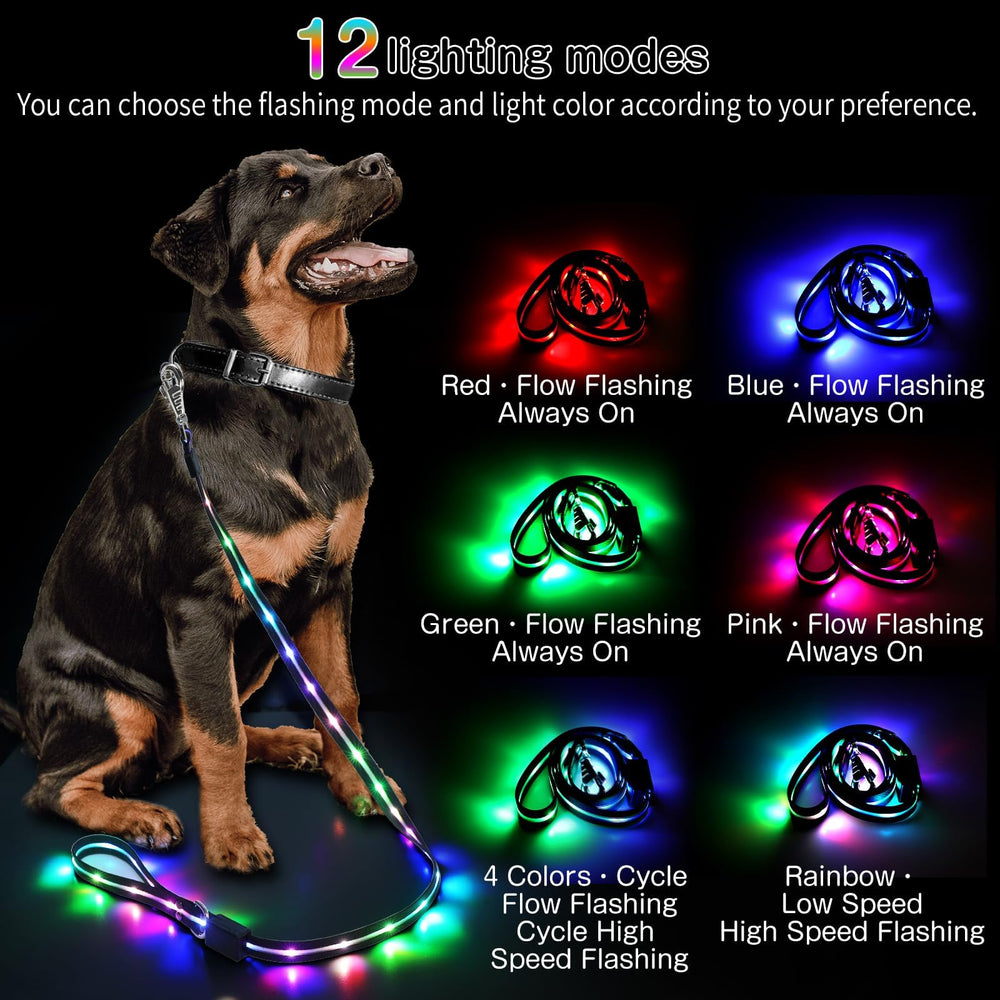 Yoheueoa LED dog leash with 12 light modes demonstrates color selection for visibility.