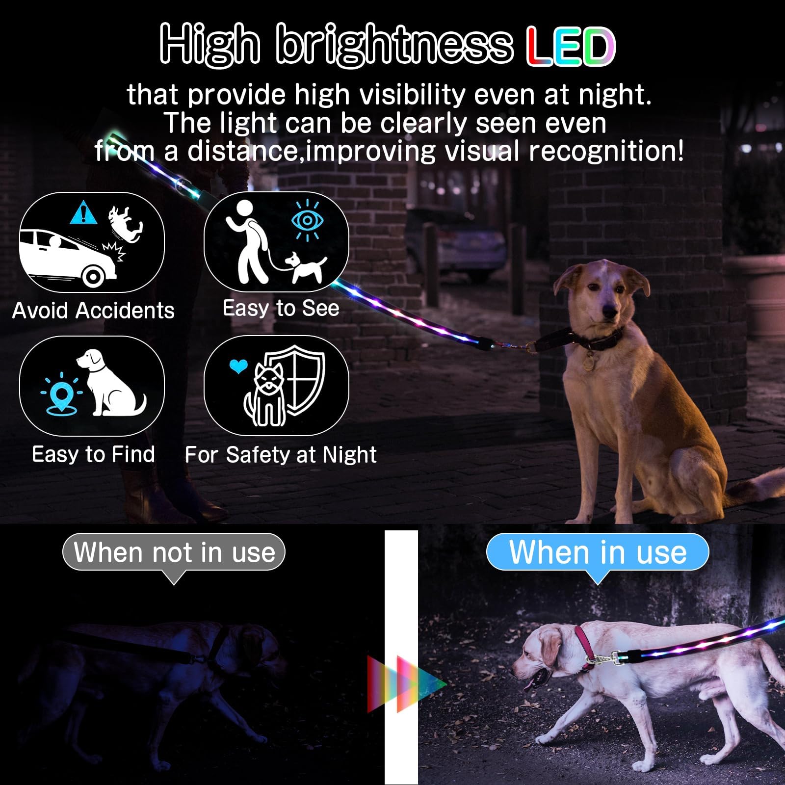 Yoheueoa LED dog leash USB recharge capable with quick charge for long night walks.