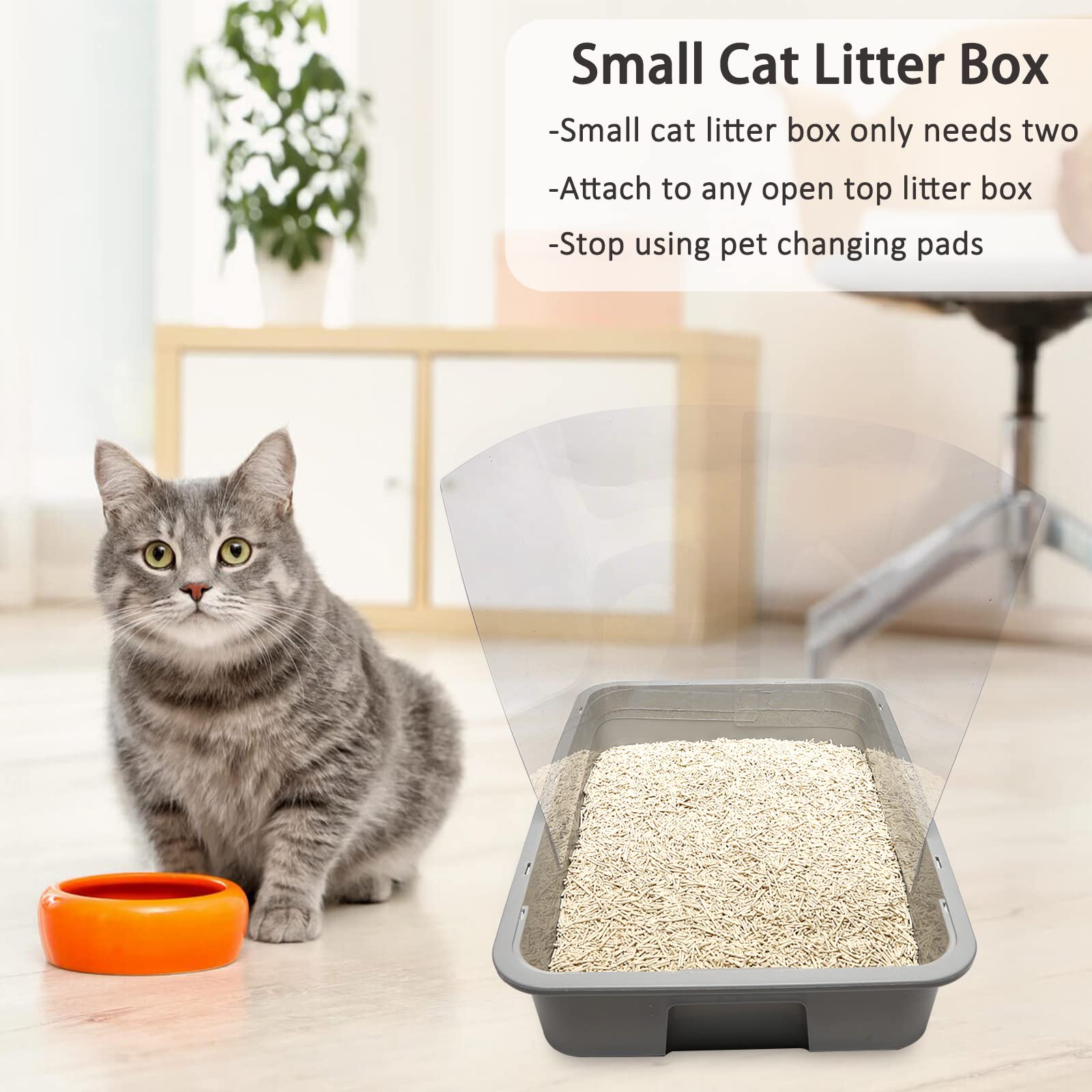 YOILES cat-friendly clear shield shown in small litter box setup.