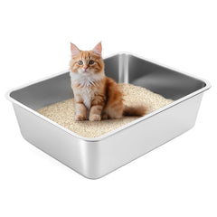 YOILES stainless steel cat litter box front view with high sides for containment and easy cleanup