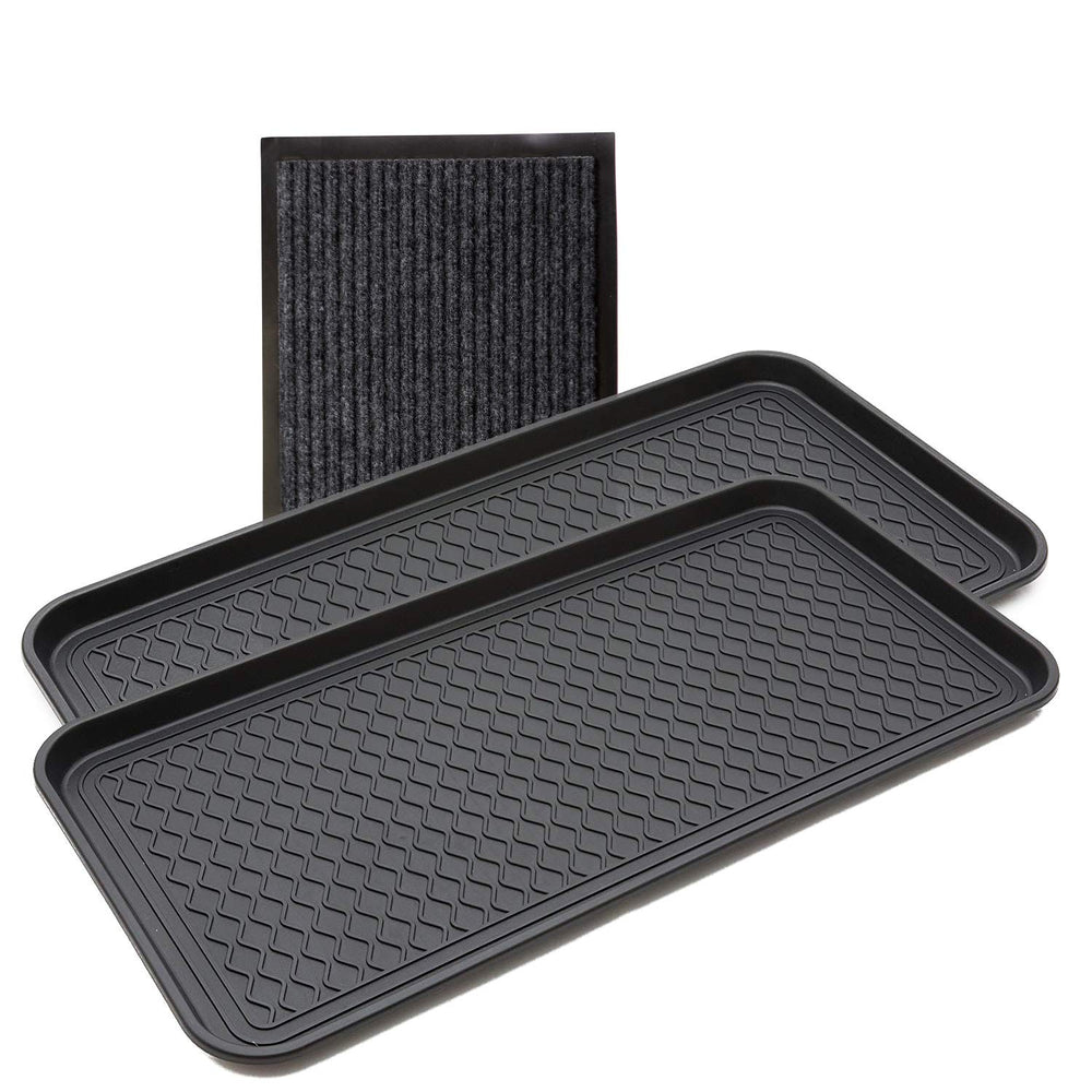 Yolju 2-pack multi-purpose tray in entryway holding boots to reduce mess.