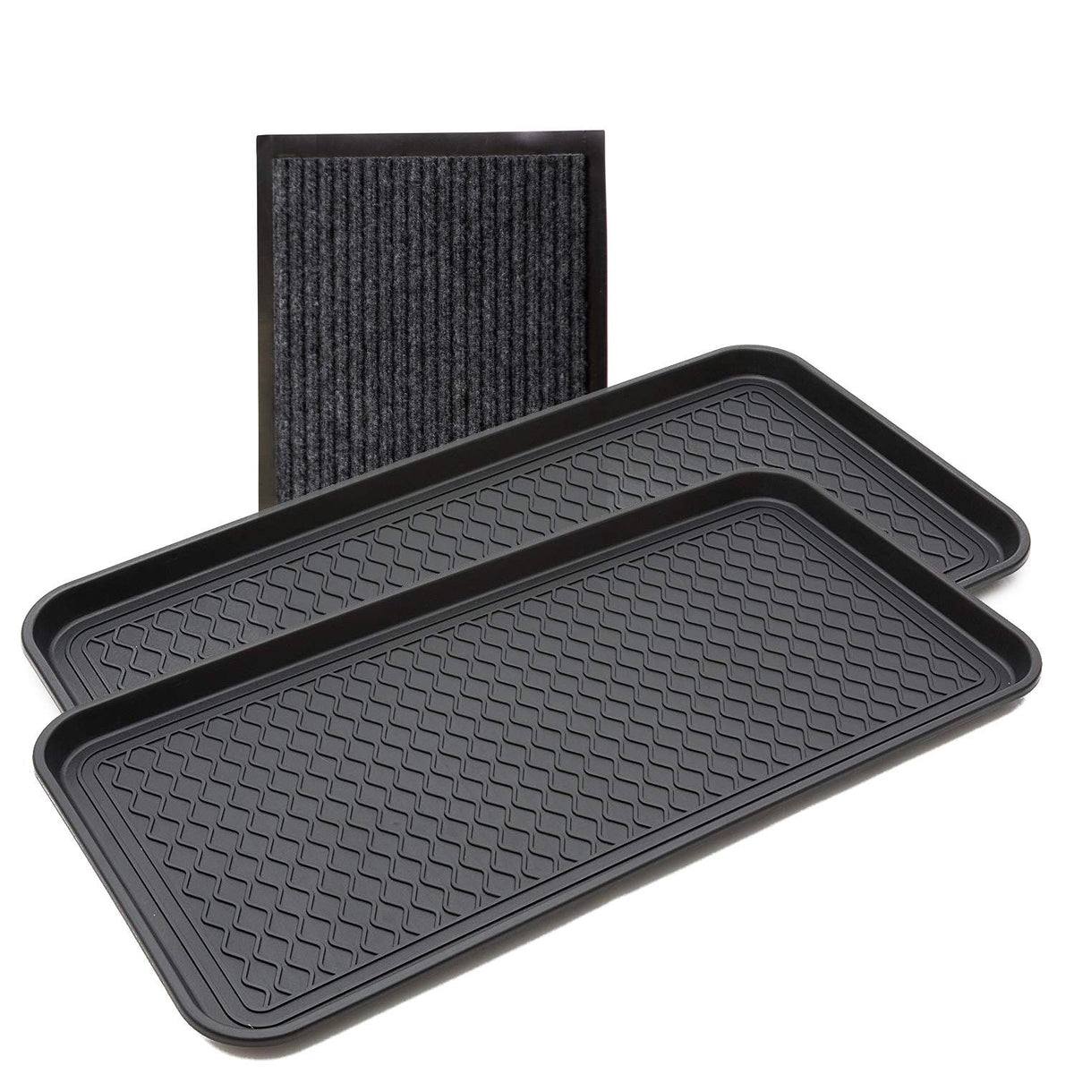 Yolju 2-pack multi-purpose tray in entryway holding boots to reduce mess.