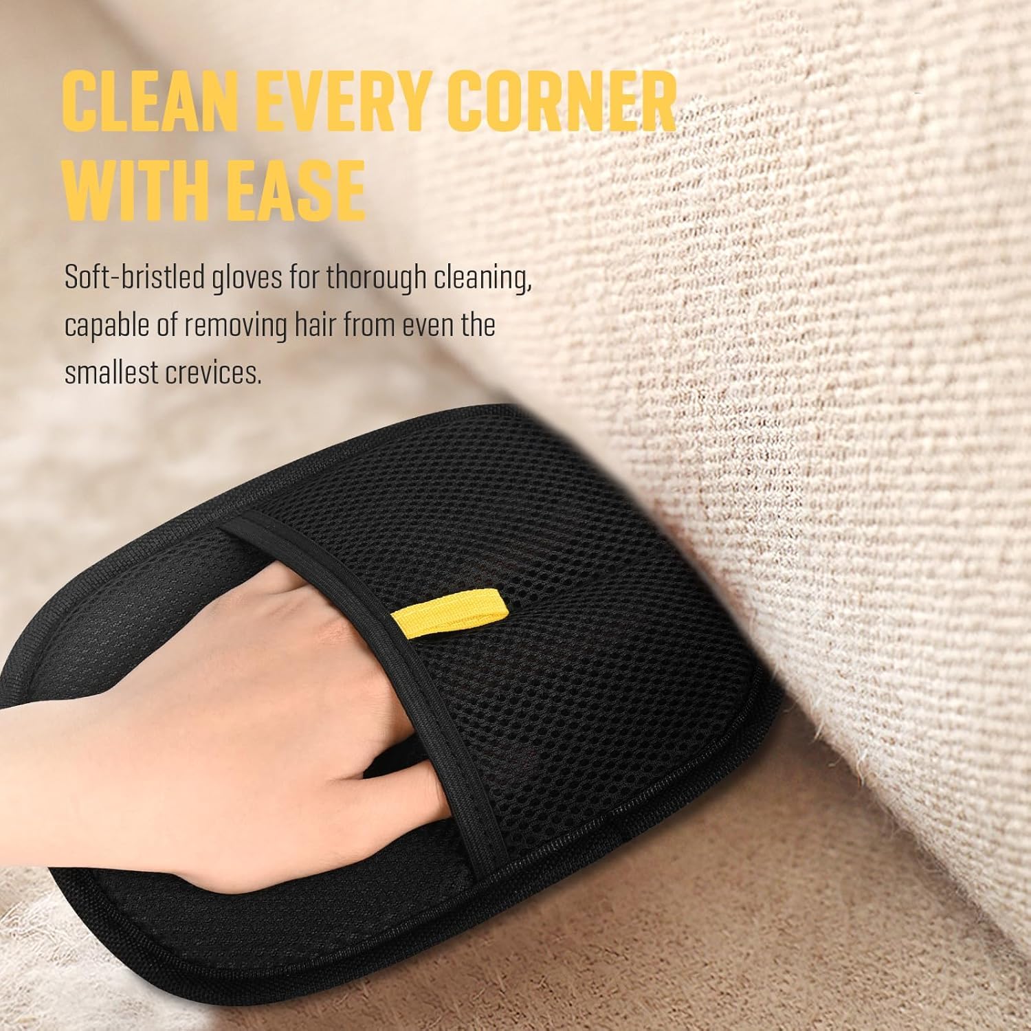 Yomi Pet Hair Remover Glove on sofa for quick fur cleanup