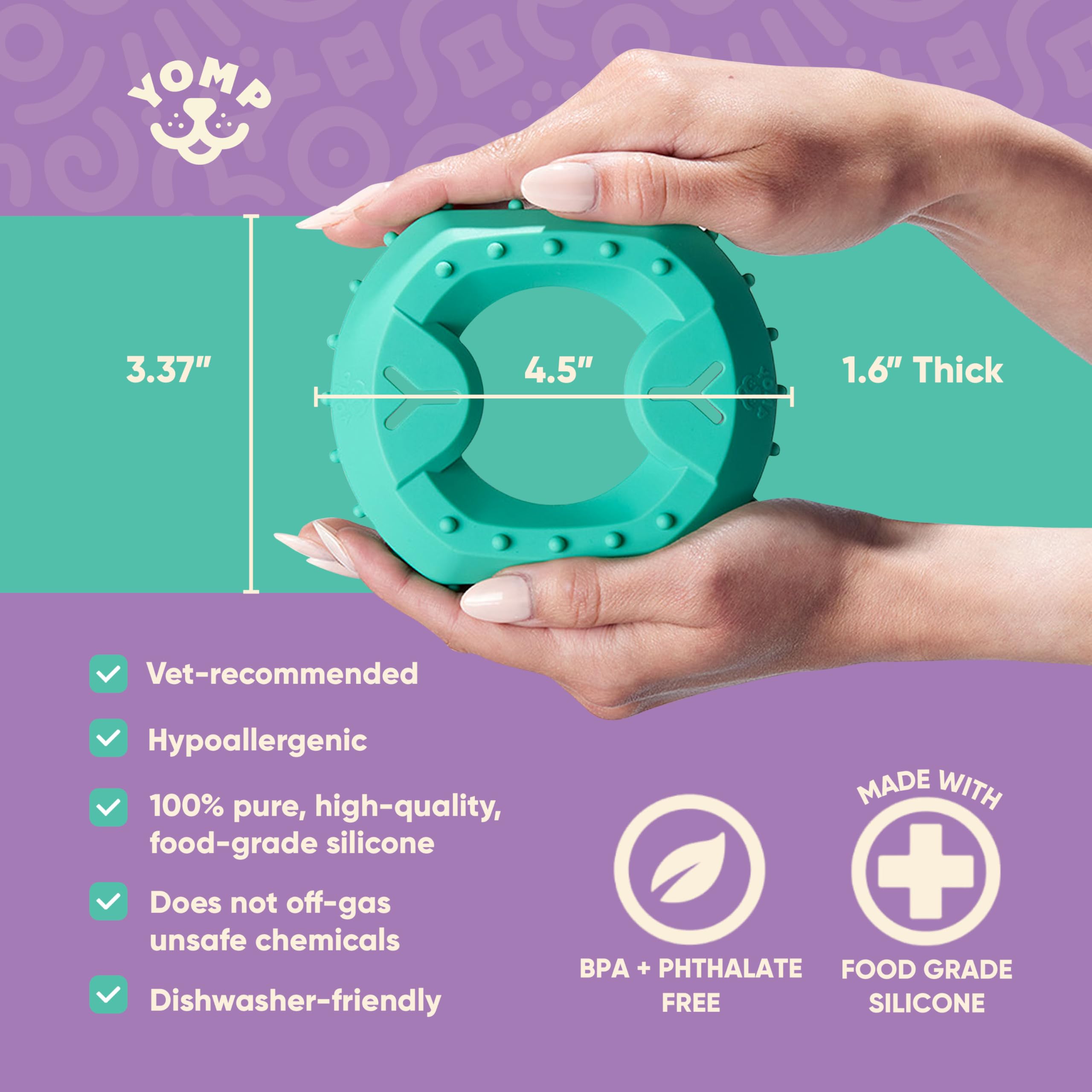 Yomp ChillChew silicone toy shown as dishwasher-safe and easy to clean.