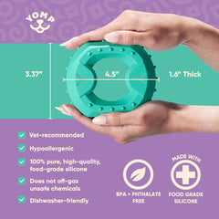 Yomp ChillChew silicone toy shown as dishwasher-safe and easy to clean.