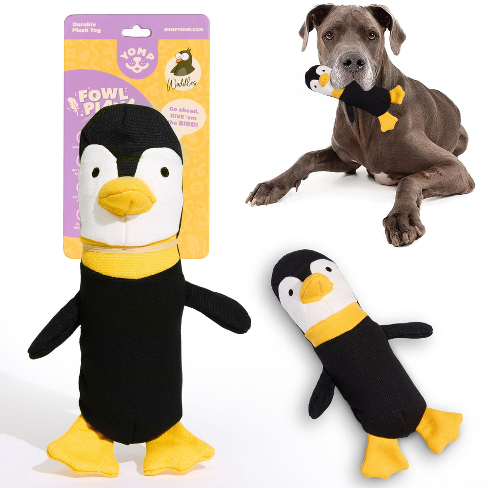 Yomp Penguin Dog Toy front view highlights durable canvas for long-lasting indoor play.