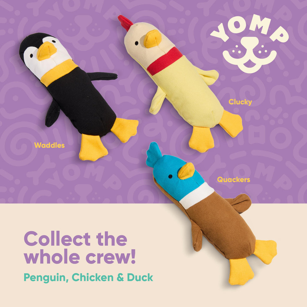 Yomp Penguin Dog Toy no squeaker design offers calm, gentle fetch sessions indoors.