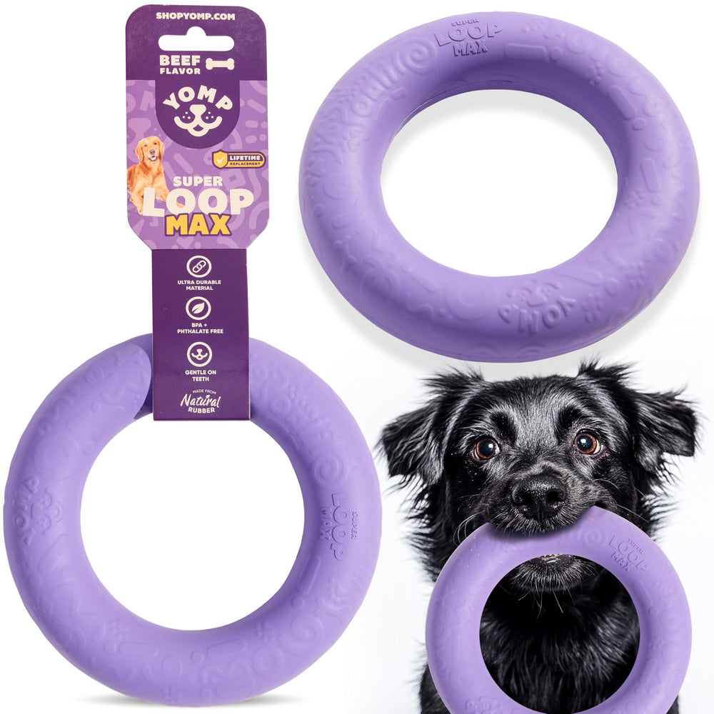 Yomp SuperLoop Max dog chew ring shows durable rubber for tough chewers, lasting longer.
