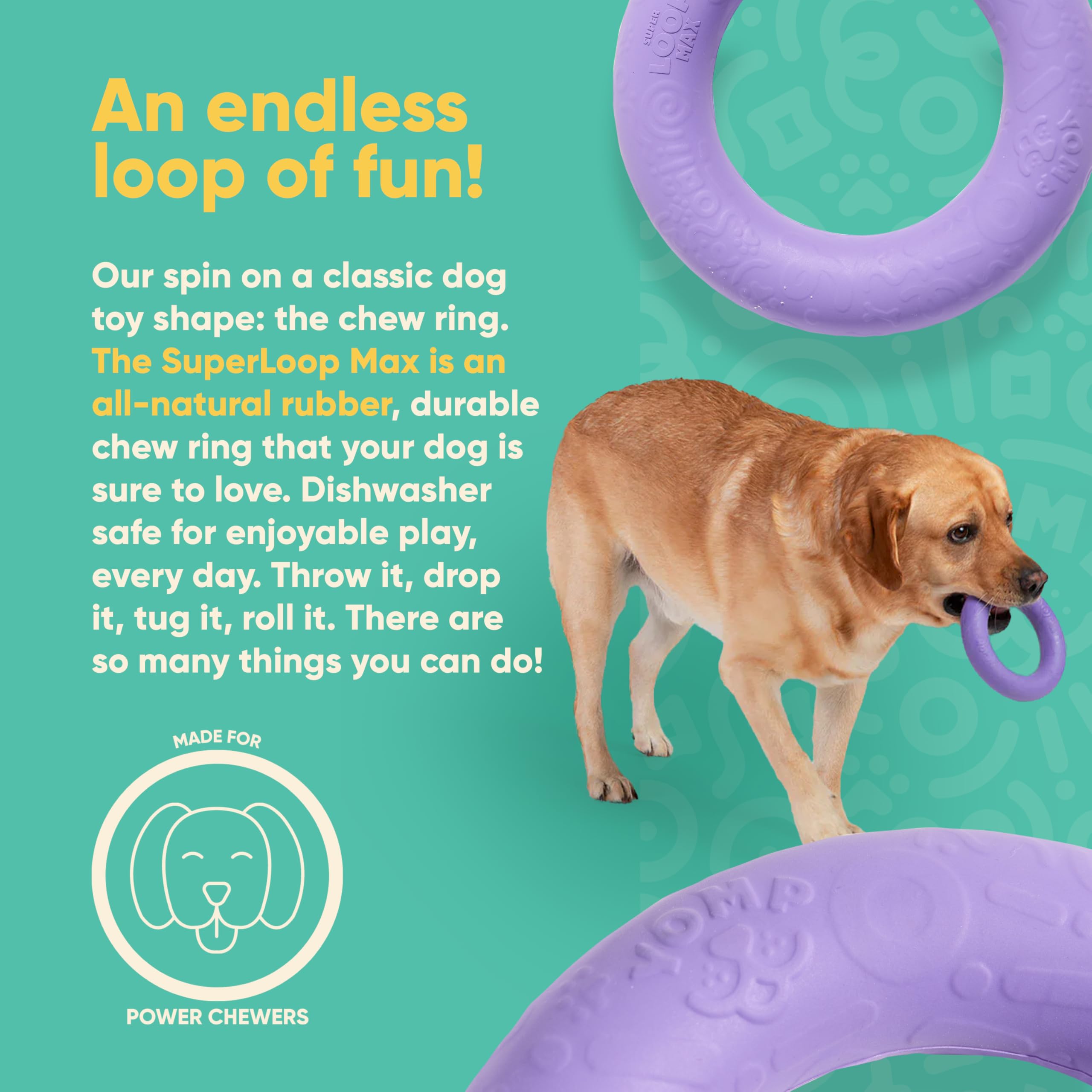 Yomp SuperLoop Max dog chew ring ready for fetch and rolling fun outdoors.
