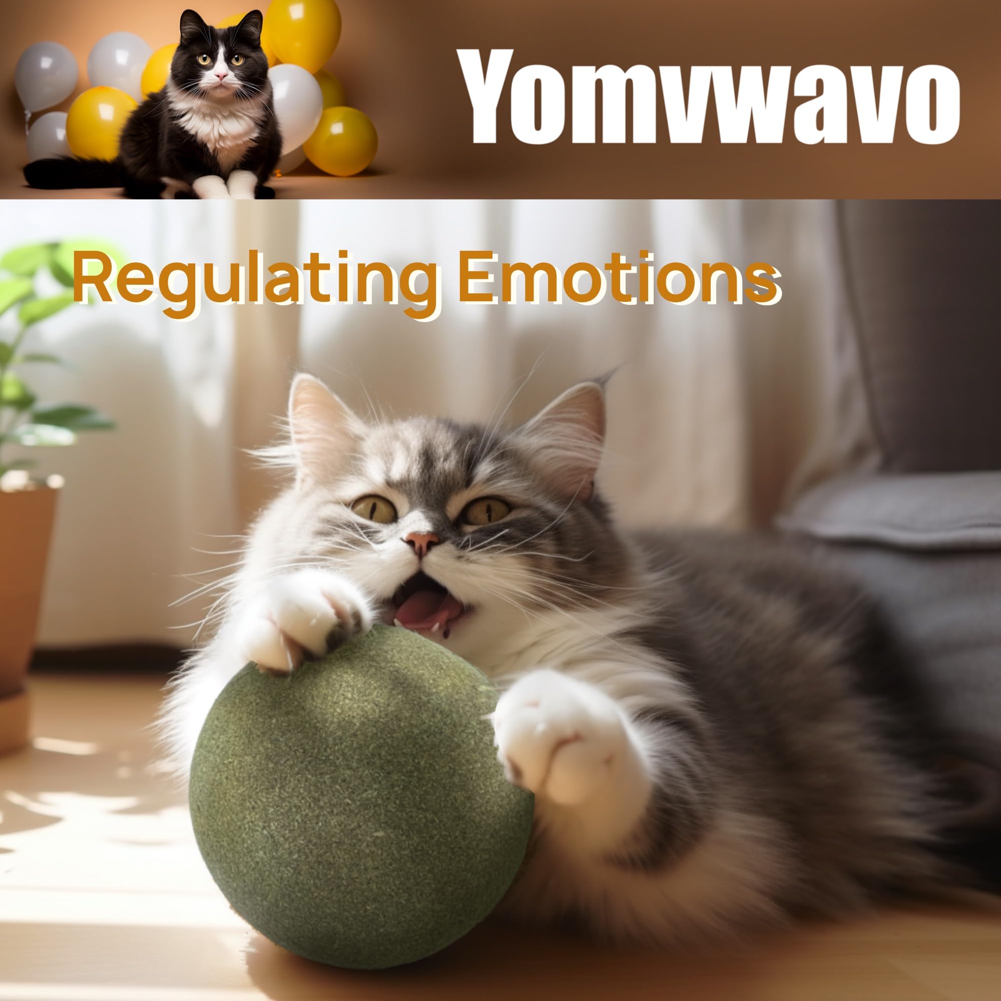 Yomvwavo catnip ball promoting gentle digestive comfort during play.