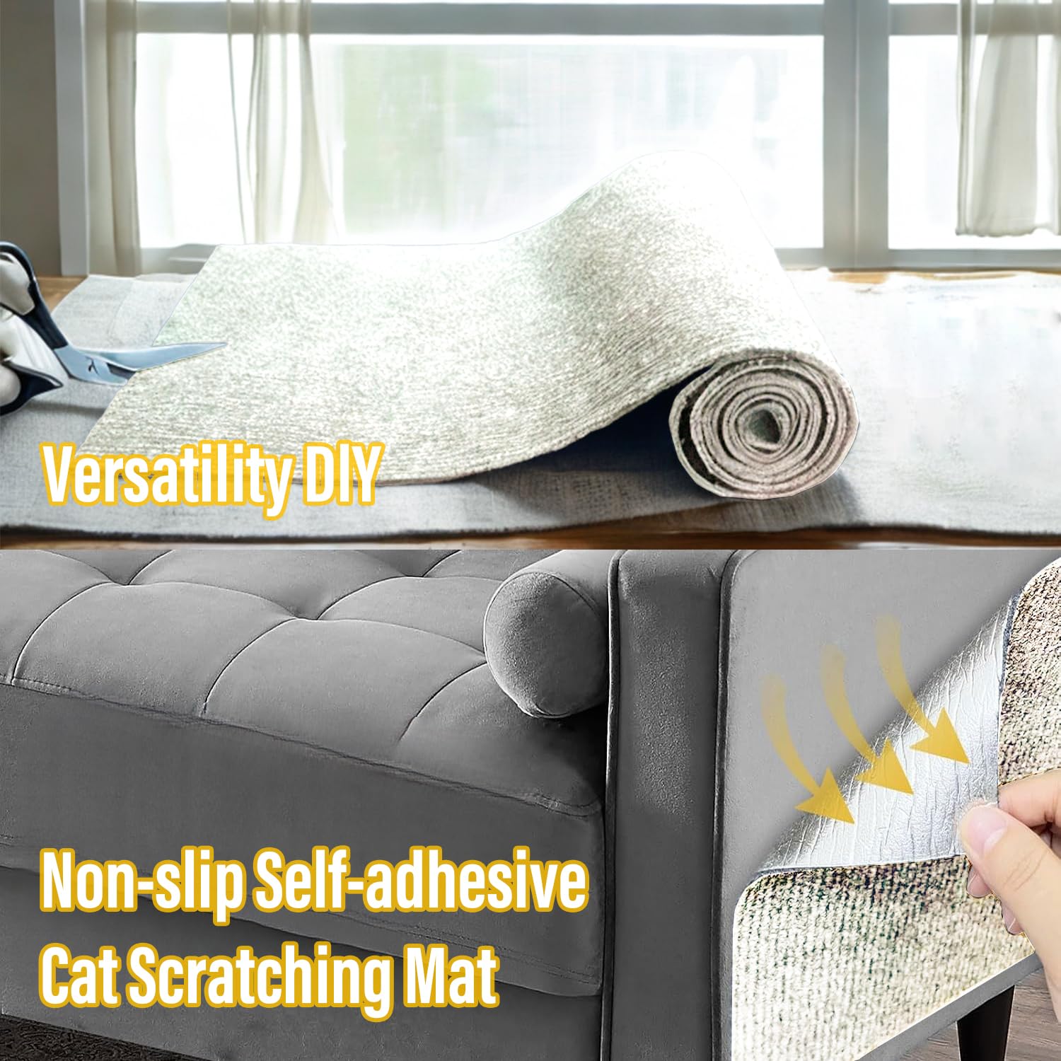 YONGJOY cat scratch couch protector cutting guide demonstrates easy size trimming for DIY.