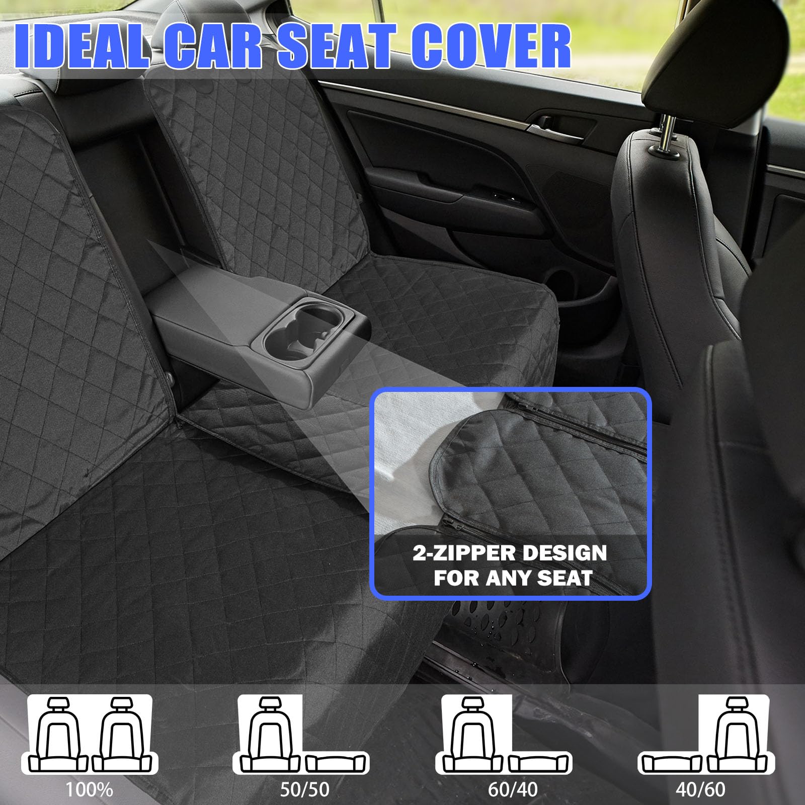 Yonktoo dog car seat cover 60/40 split bench fits most cars and protects two areas.