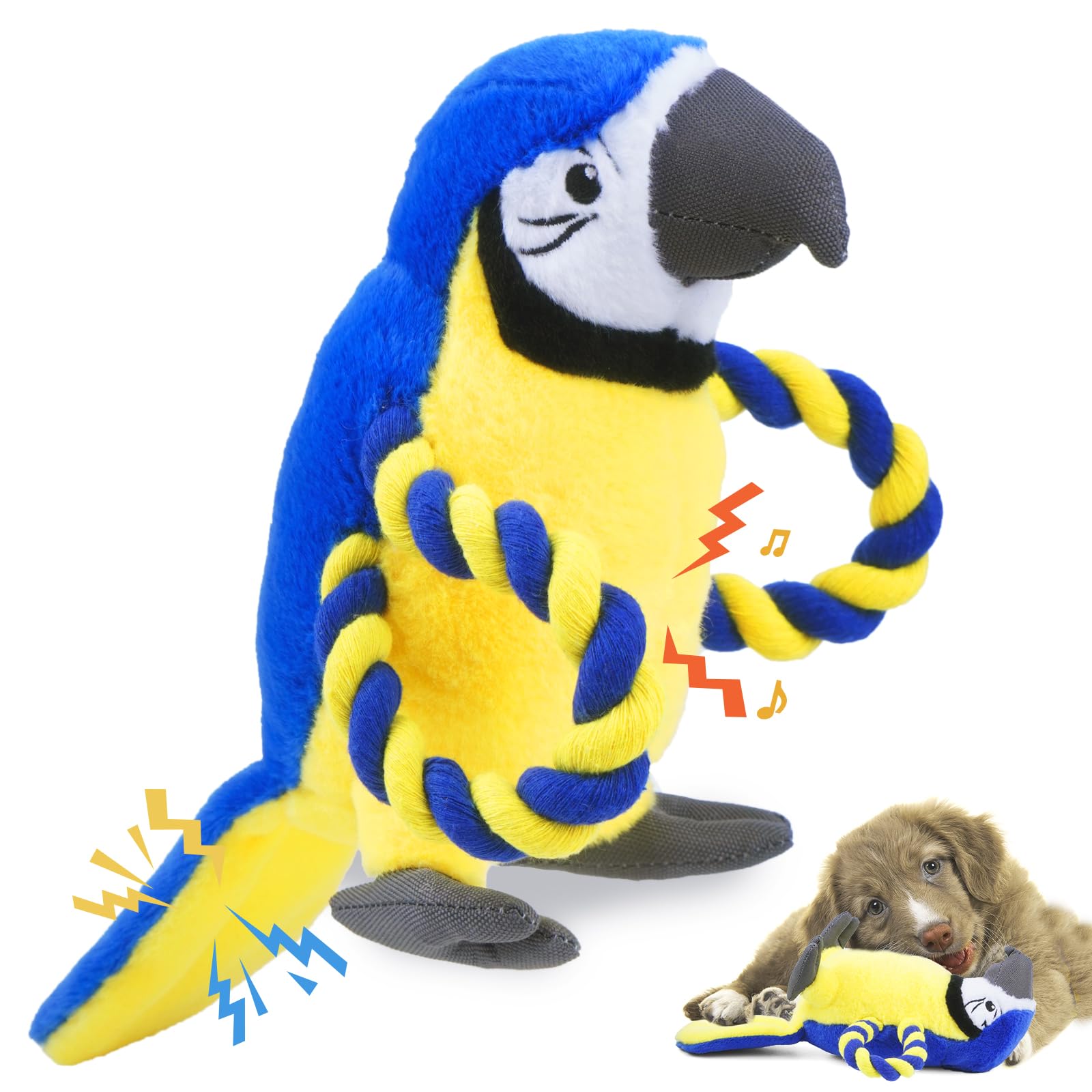 YONLIT upgraded dog squeak toy parrot with tug-of-war focus enhances interactive play and energy release.