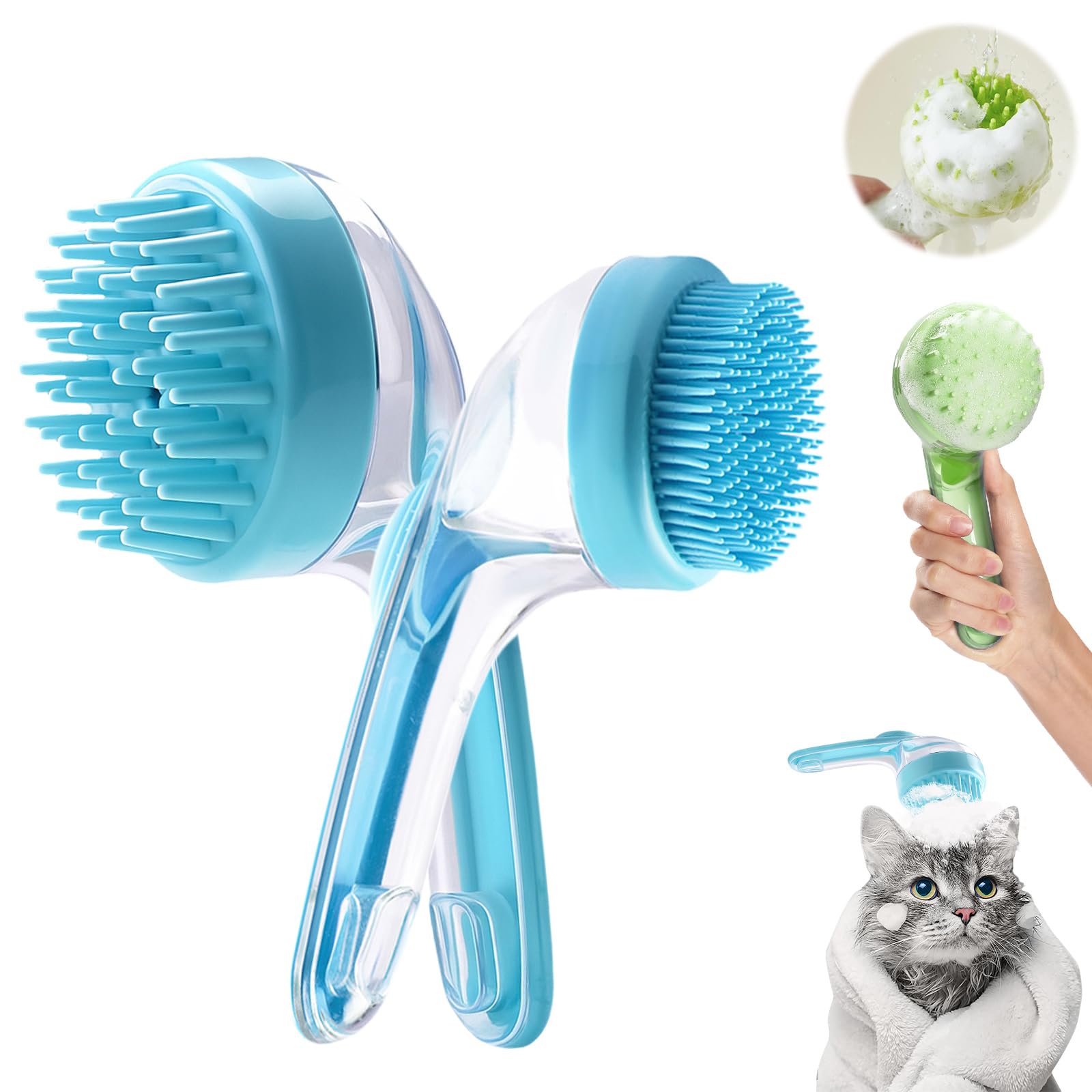 Yonynn Pet Bath Brush with Shampoo Dispenser closeup shows built-in dispenser for quick baths.